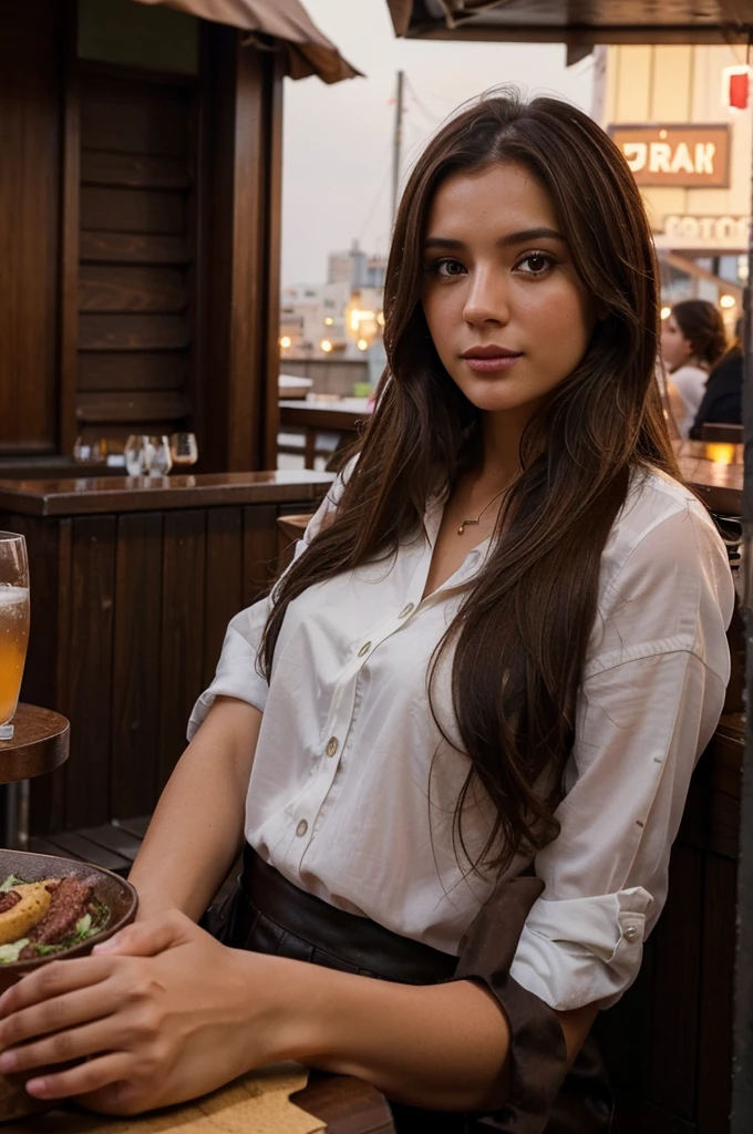 (romanian girl) (realistic) (rooftop bar) (dirty brown hair) (photo realism) (beautiful) (instagram picture) (fancy restaurant) (7 feet away from camera) (friend took picture)