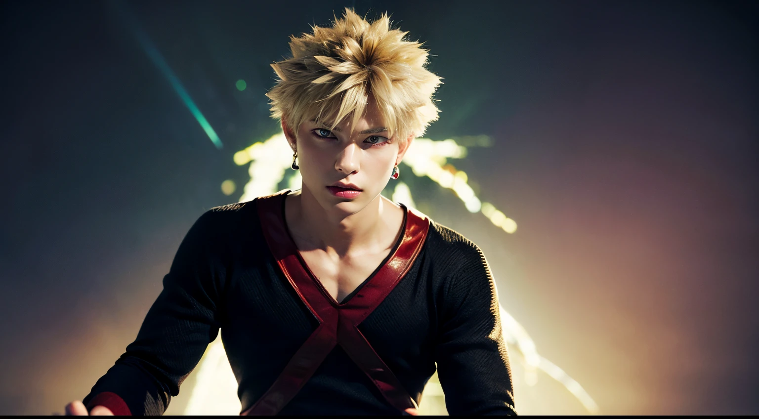 ((masterpiece, top quality, super definition, high definition)), one young man, Katsuki Bakugo, My Hero Academia, Blonde short hair, shining eyes, perfect red eyes, 25 years old, black outfit, grimace, beautiful skin, backwards, earrings, sparks,