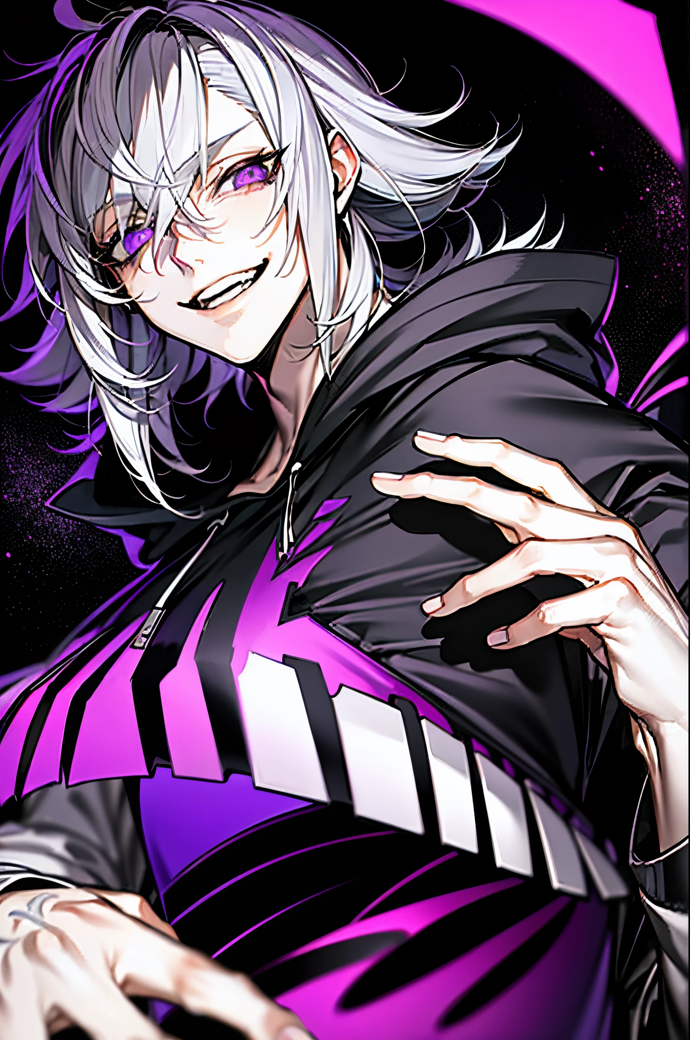 masterpiece, best quality, high quality, ultra detailed, 1boy, gray hair and purple eyes, black hoodie, street, night, candy, badass, evil smile, potrait, mascular