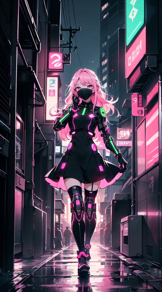 anime, (master piece, best quality, ultra-detailed, high contrast), 1 girl (alone, full body, small body, standing on edge of skyscraper, pink hair, (((cybernetic breathing mask covering mouth, mask black cybernetics with neon pink))), long flowing hair, bright ruby red eyes, (black dress, neon pink dress highlights), black transparent stockings), (Skyscraper roof, overlooking a city, Detailed background ((nighttime, darkness, low light pollution)))