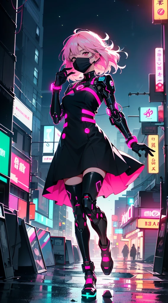 anime, (master piece, best quality, ultra-detailed, high contrast), 1 girl (alone, full body, small body, standing on edge of skyscraper, pink hair, (((cybernetic breathing mask covering mouth, mask black cybernetics with neon pink))), long flowing hair, bright ruby red eyes, (black dress, neon pink dress highlights), black transparent stockings), (Skyscraper roof, overlooking a city, Detailed background ((nighttime, darkness, low light pollution)))