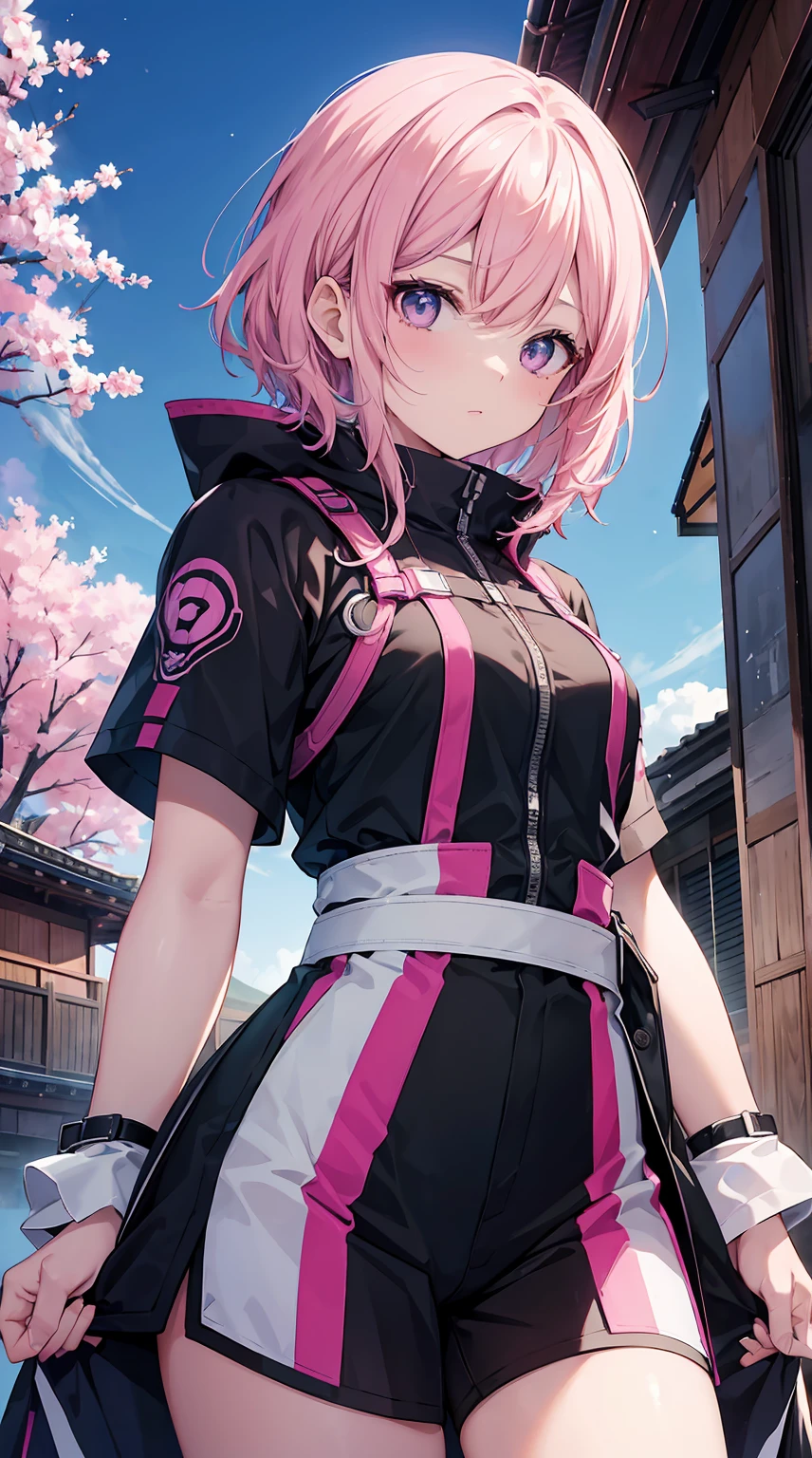 Obra prima, 4K Ultra HD, Super sharp, 1girl no estilo Kiriko de Overwatch, but with the following characteristics: athletic girl with short pink hair, Wearing a stylized black and white jumpsuit, In a Japanese city with beautiful trees At dusk, a sky with pink and purple details with beautiful clouds and some stars in sight, Inspirado no estilo de arte GUWEIZ