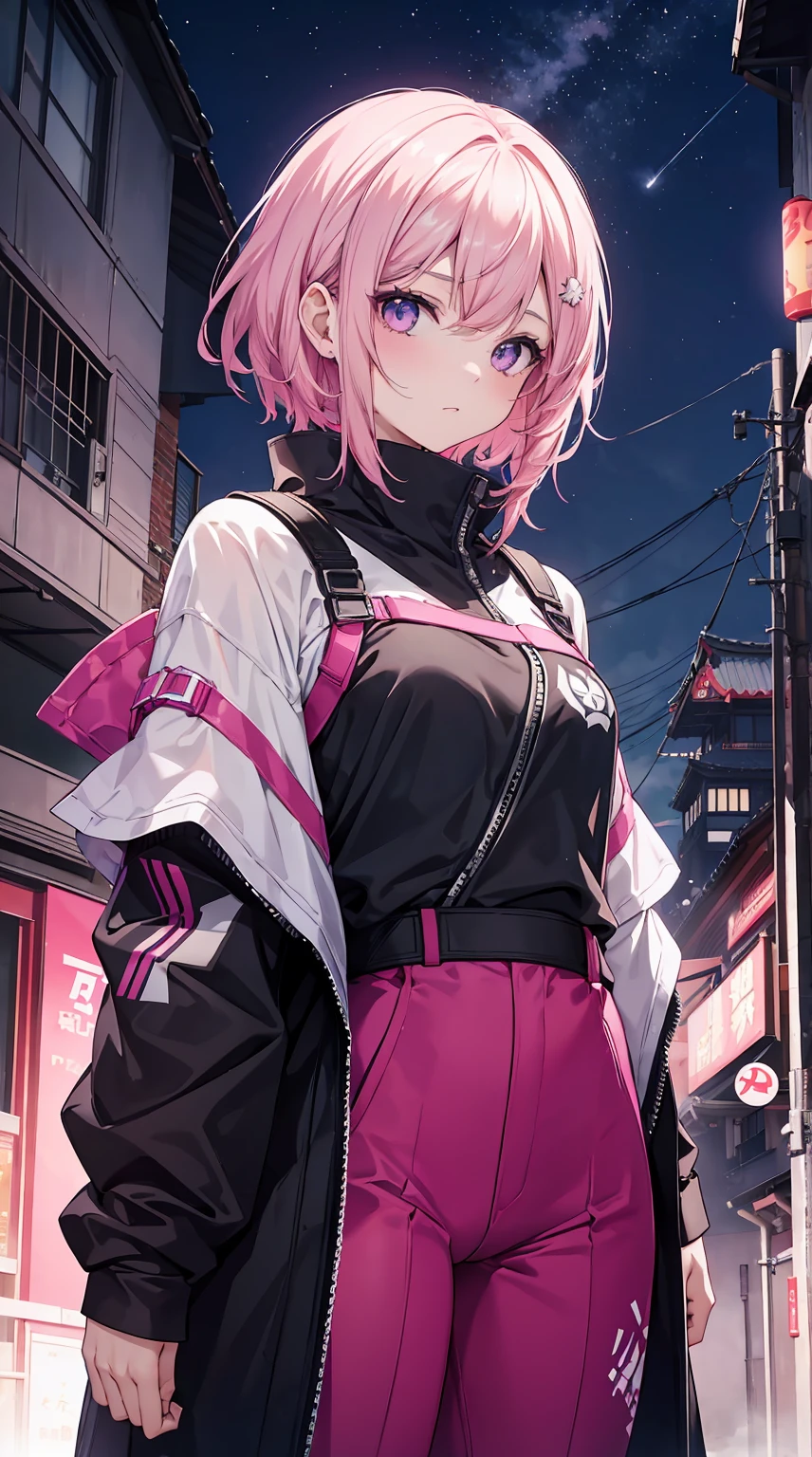 Obra prima,  4K Ultra HD, Super sharp, 1girl no estilo Kiriko de Overwatch, but with the following characteristics: athletic girl with short pink hair, Wearing a stylized black and white jumpsuit, In a Japanese city with beautiful trees At dusk, a sky with pink and purple details with beautiful clouds and some stars in sight, Inspirado no estilo de arte GUWEIZ