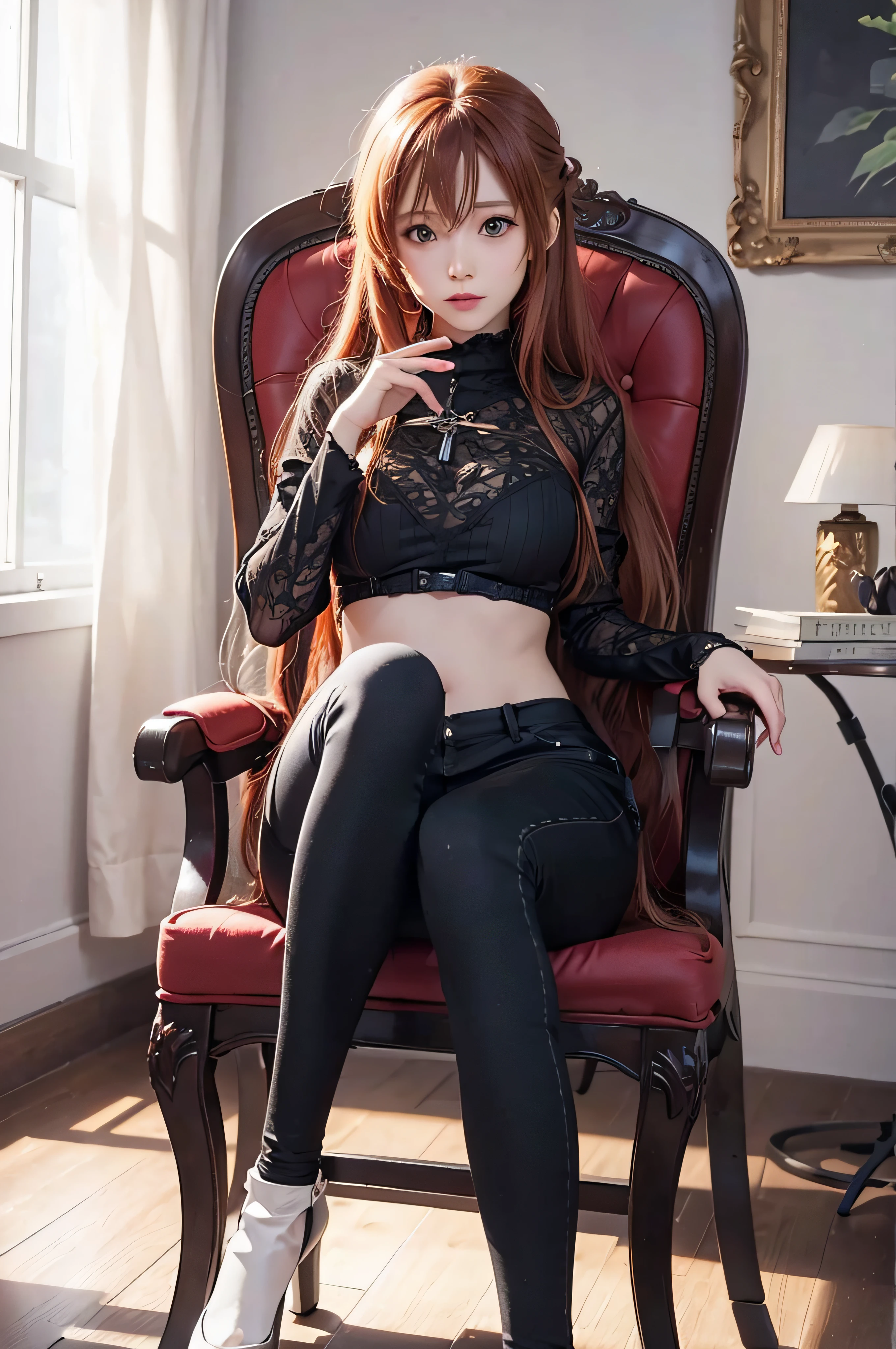 ((best quality)), ((masterpiece)), (detailed), perfect face，red_hair, black_eyes, lips, corset, realistic，skirt，black_stocking，sit on chair, hight_heeled_shoes，30 years old,  Asian, blowjob，flash ，nsfw