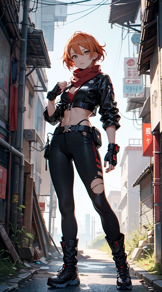 (masutepiece, best quality), ultra-detailed, anime style, full body, alone, Cyberpunk Karate Girl, Sci-fi costume and torn red scarf, orange hair and brown eyes, Fighting pose, high-tech gauntlets and boots, Standing on the vacant lot, digital painting, 8k high resolution, art season trend, white background, full body,