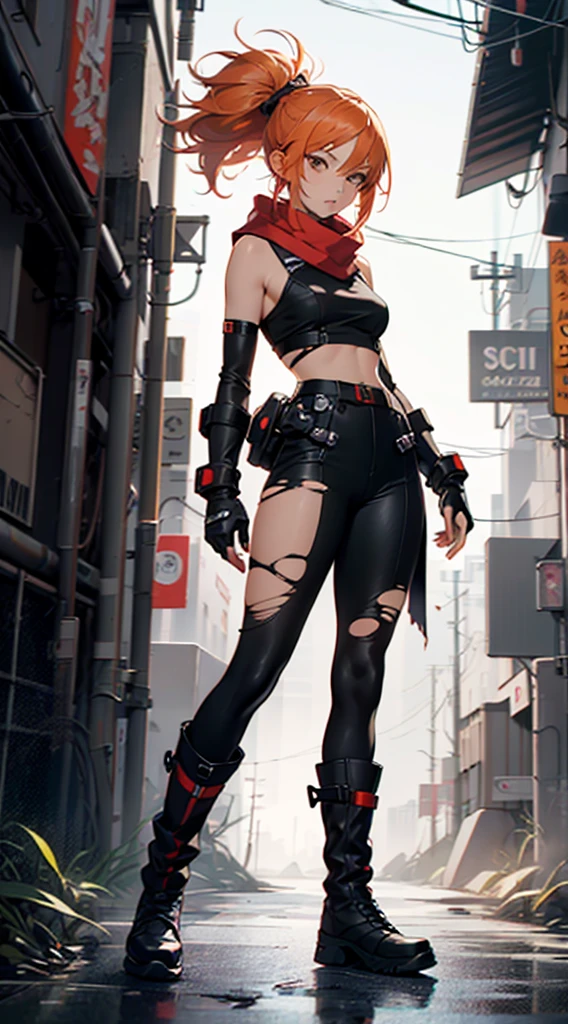(masutepiece, best quality), ultra-detailed, anime style, full body, alone, Cyberpunk Karate Girl, Sci-fi costume and torn red scarf, orange hair and brown eyes, Fighting pose, high-tech gauntlets and boots, Standing on the vacant lot, digital painting, 8k high resolution, art season trend, white background, full body,