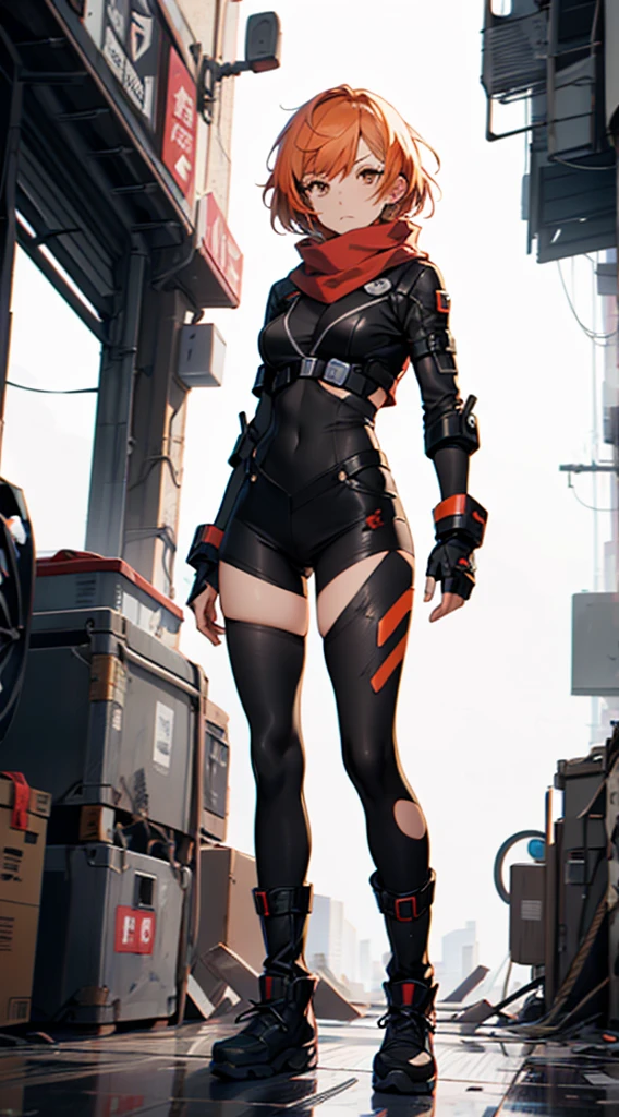 (masutepiece, best quality), ultra-detailed, anime style, full body, alone, Cyberpunk Karate Girl, Sci-fi costume and torn red scarf, orange hair and brown eyes, Fighting pose, high-tech gauntlets and boots, Standing on the vacant lot, digital painting, 8k high resolution, art season trend, white background, full body,