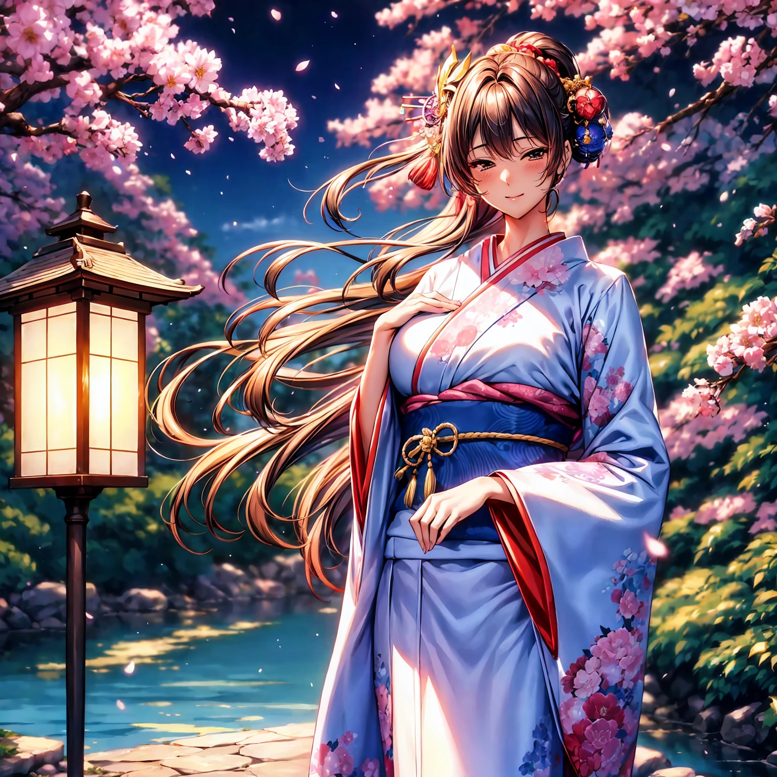 (top-quality、​masterpiece、very high res、超A high resolution,High resolution detail 1.5)、A woman of perfect and ultimate beauty(18 years old 1.5)、Realistic portraits、Beautiful breasts with a slender body shape(F Cup 1.5)、Beautiful body、美丽的面容、large pink,Beautiful hair、Japanese hair decoration,Realistic textured skin and、Wearing a beautiful Japanese kimono、Kimono has colors and patterns.、Kimono sleeves and obi are long,I spread my hands and show off my kimono and body.,Bright smile、Hair flutters under the influence of the wind、The sleeves and obi of a kimono flutter due to the wind.,Lively,Japanese garden with beautiful cherry blossoms at night、Mysterious night sky、Lanterns light,Beautiful Landscapes、(accurate detail、the detailed images、Accurate images、Perfect Image 1.5)、、beautiful anime woman, Beautiful Art Style, an animated character、The whole picture、Detailed picture、accurate anatomy、Defect-free images、natural soft light、beautiful image、extremely detailed picture、(Best Shot 1.2)