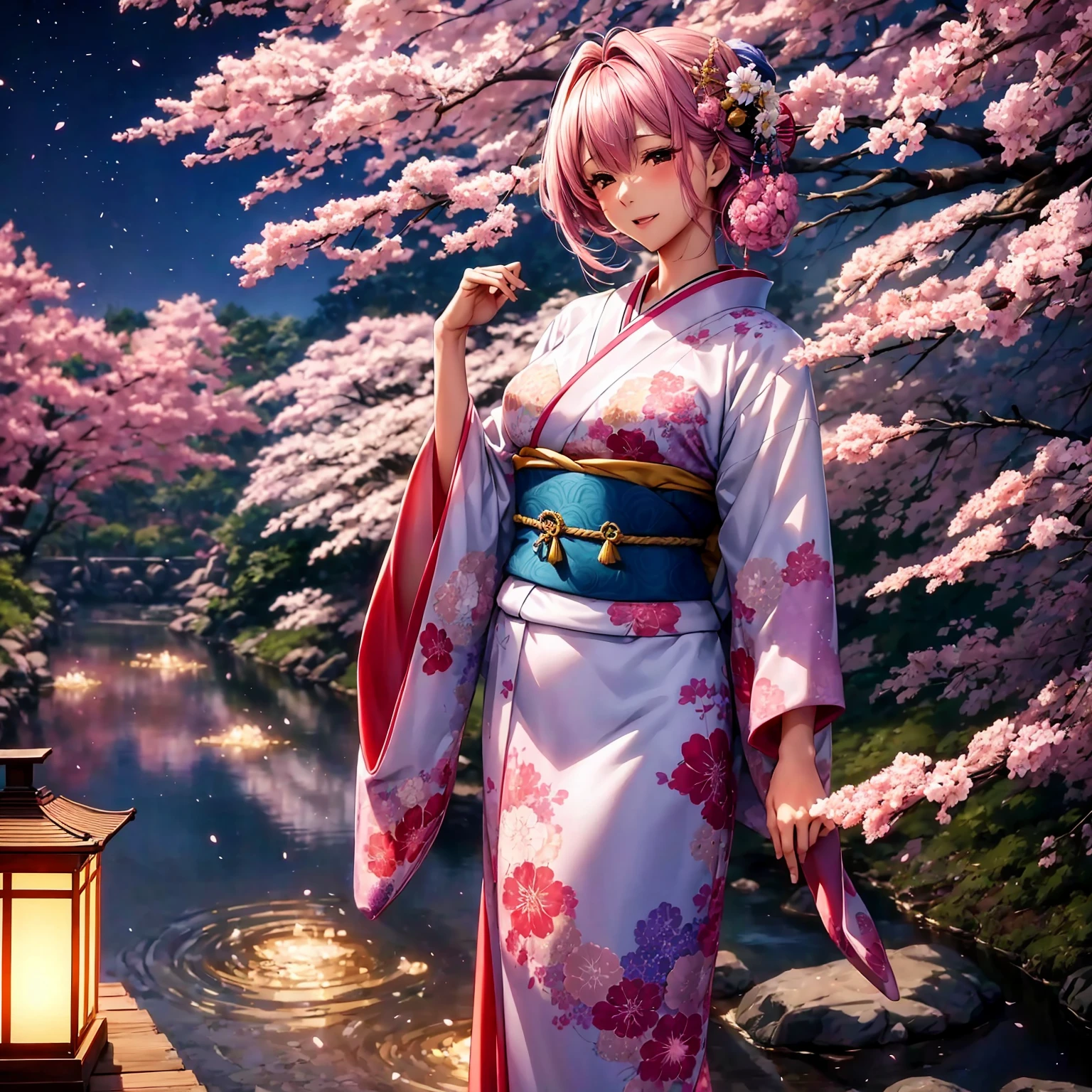 (top-quality、masterpiece、very high res、超A high resolution,High resolution detail 1.5)、A woman of perfect and ultimate beauty(18 years old 1.5)、Realistic portraits、Beautiful breasts with a slender body shape(F Cup 1.5)、Beautiful body、美丽的面容、large pink,Beautiful hair、Japanese hair decoration,Realistic textured skin and、Wearing a beautiful Japanese kimono、Kimono has colors and patterns.、Kimono sleeves and obi are long,I spread my hands and show off my kimono and body.,Bright smile、Hair flutters under the influence of the wind、The sleeves and obi of a kimono flutter due to the wind.,Lively,Japanese garden with beautiful cherry blossoms at night、Mysterious night sky、Lanterns light,Beautiful Landscapes、(accurate detail、the detailed images、Accurate images、Perfect Image 1.5)、、beautiful anime woman, Beautiful Art Style, an animated character、The whole picture、Detailed picture、accurate anatomy、Defect-free images、natural soft light、beautiful image、extremely detailed picture、(Best Shot 1.2)