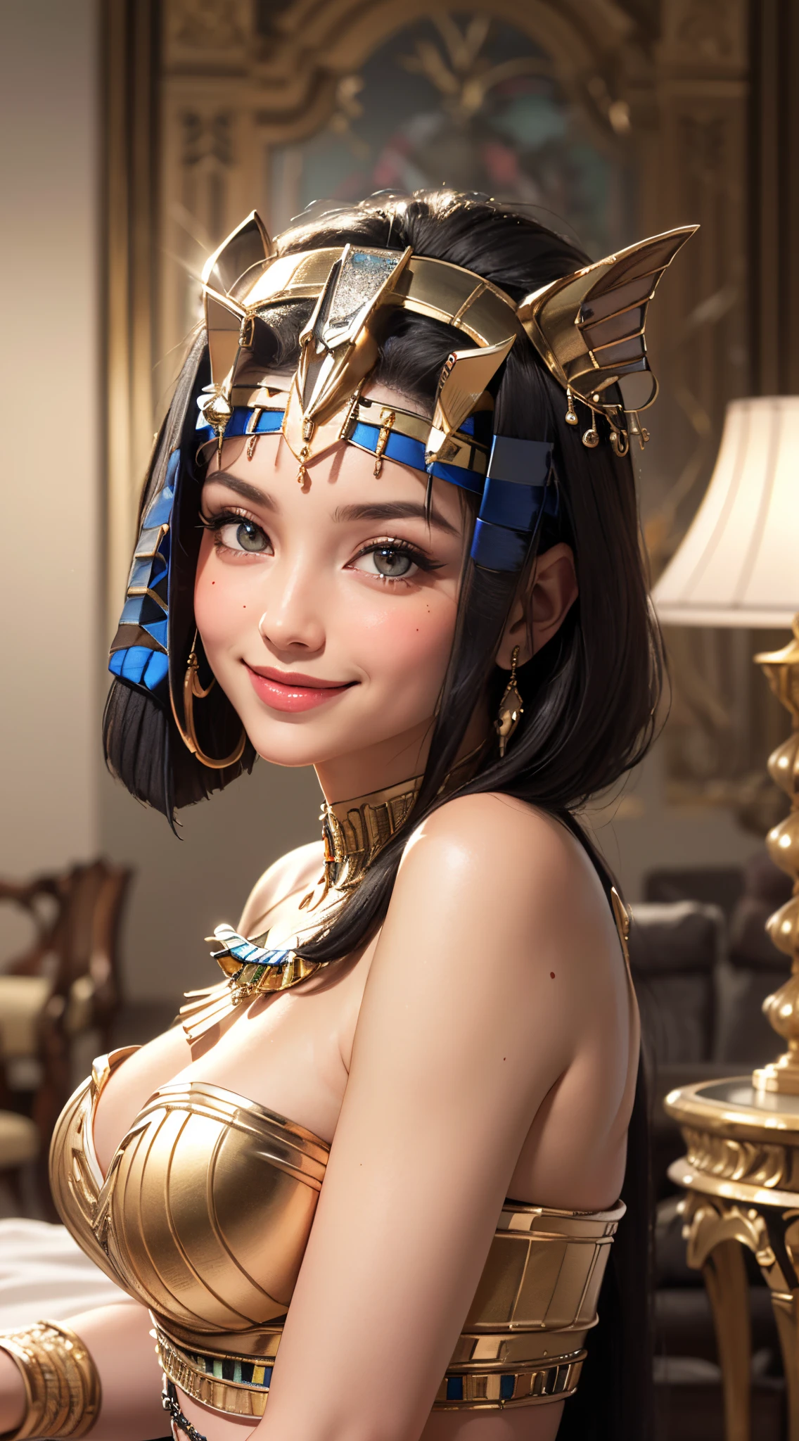 (UHD, retina, masterpiece, ccurate, anatomically correct, textured skin, super detail, high details, high quality, best quality, highres, 1080P, HD, 4K, 8k, 16k), (beautiful detailed eyes, beautiful detailed lips, extremely detailed eyes and face), studio lighting, physically-based rendering, vivid colors, (big tits, super big tits, super extra big tits, glamorous body), (thief:1.5), (portrait, blonde hair, shiny hair, shiny skin), (pyramid, bokeh:1.5), (tilt your head to the side:1.5), eye reflection, (blush, smile, tanned skin, cleopatra:1.5),