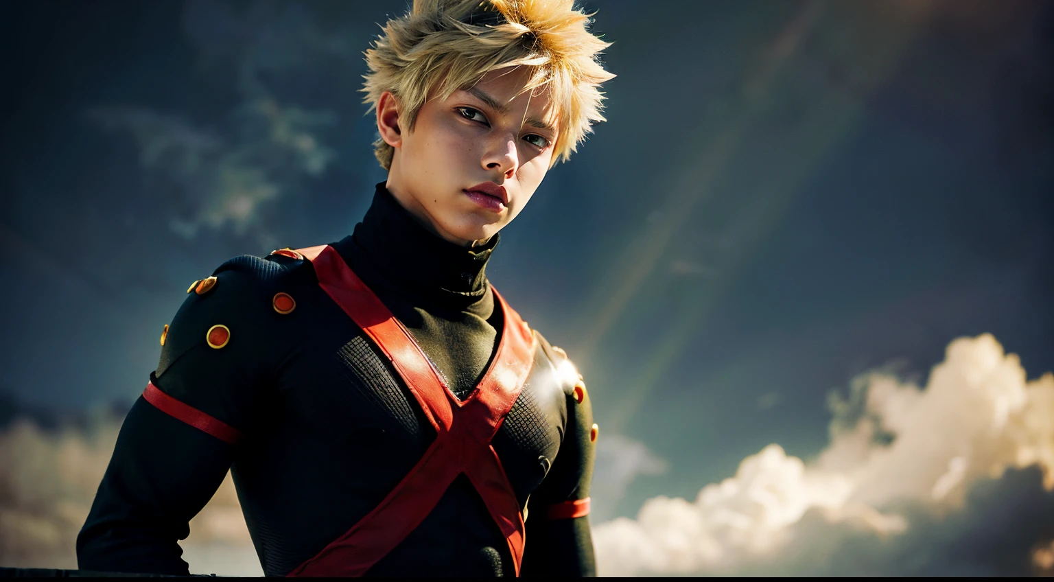 ((masterpiece, top quality, super definition, high definition)), one young man, Katsuki Bakugo, My Hero Academia, Blonde short hair, shining eyes, perfect red eyes, 25 years old, black outfit, grimace, beautiful skin, backwards, sparks,