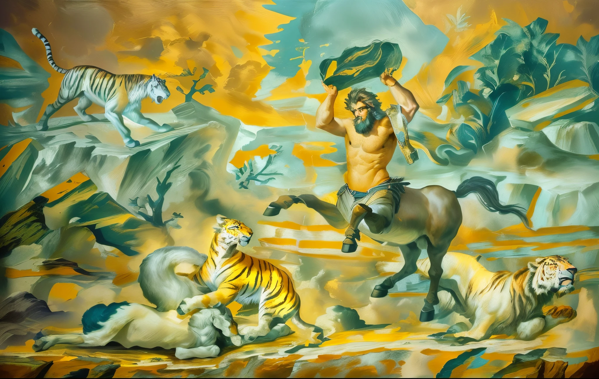 painting of a man on a horse with a tiger and other animals, mythological painting, male centaur centaur chimera, centaur from greek mythology, epic scene of zeus, the man riding is on the lion, epic biblical depiction, hystorical painting, the god hephaestus, fresco painting, centaur, adam, greek myth digital painting