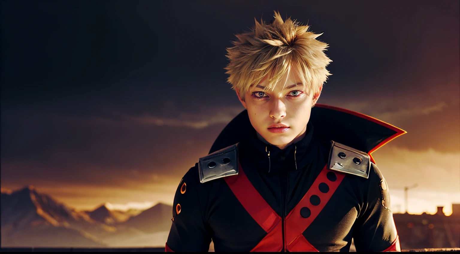 ((masterpiece, top quality, super definition, high definition)), one young man, Katsuki Bakugo, My Hero Academia, Blonde short hair, shining eyes, perfect red eyes, 25 years old, black outfit, grimace, beautiful skin, backwards, sparks,