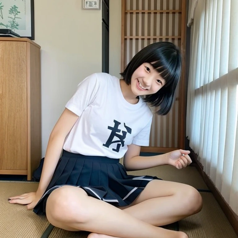 An ultra-high picture quality、Perfect Photo、Japan beautiful girl、female high-school student、Slender body、Black hair okata、With bangs、Cute room、Own room、Cross-legged、Stretch comfortably、Wearing only a white T-shirt、looking-down、Nokezoru、laugh、