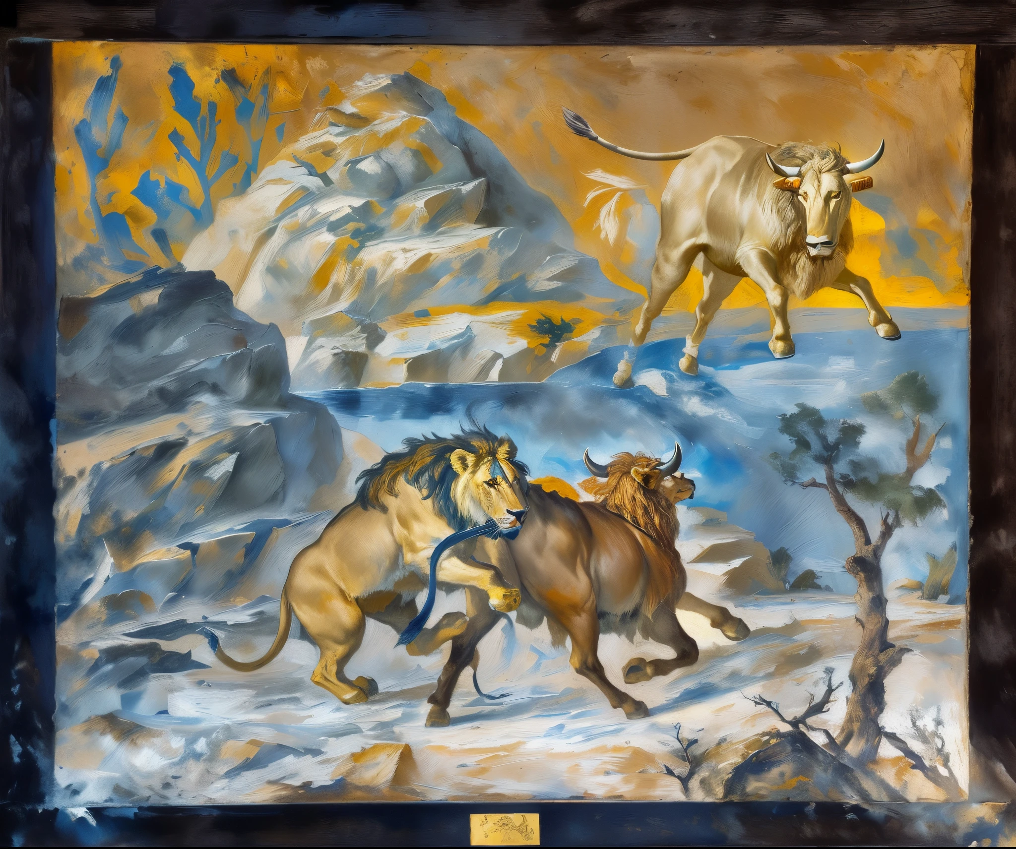 painting of a lion and a bull fighting in a desert, fresco painting, herds fighting, mythological painting, inspired by Giuseppe Bernardino Bison, fresco, ancient greek painting, by Leo Goetz, painted in high resolution, hystorical painting, spiritual scene, by Exekias, by Giuseppe Bernardino Bison, by Viktor de Jeney, biblical painting