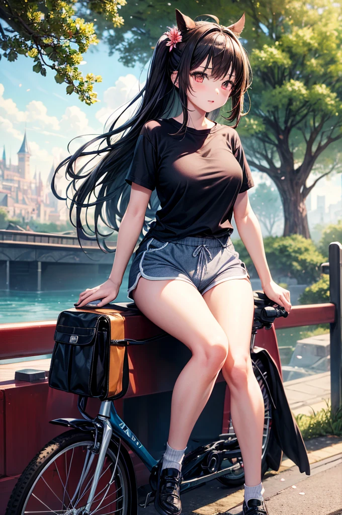 girl sitting on the bicycle saddle, Dolphin Shorts,Black brown hair、red eyes、one good looking girl、独奏、animesque、lightly dressed、Plaid miniskirt、flower petals、wetting hair、Black T-shirt、large tree、云、railroad crossing、poneyTail、monster castle、lantern