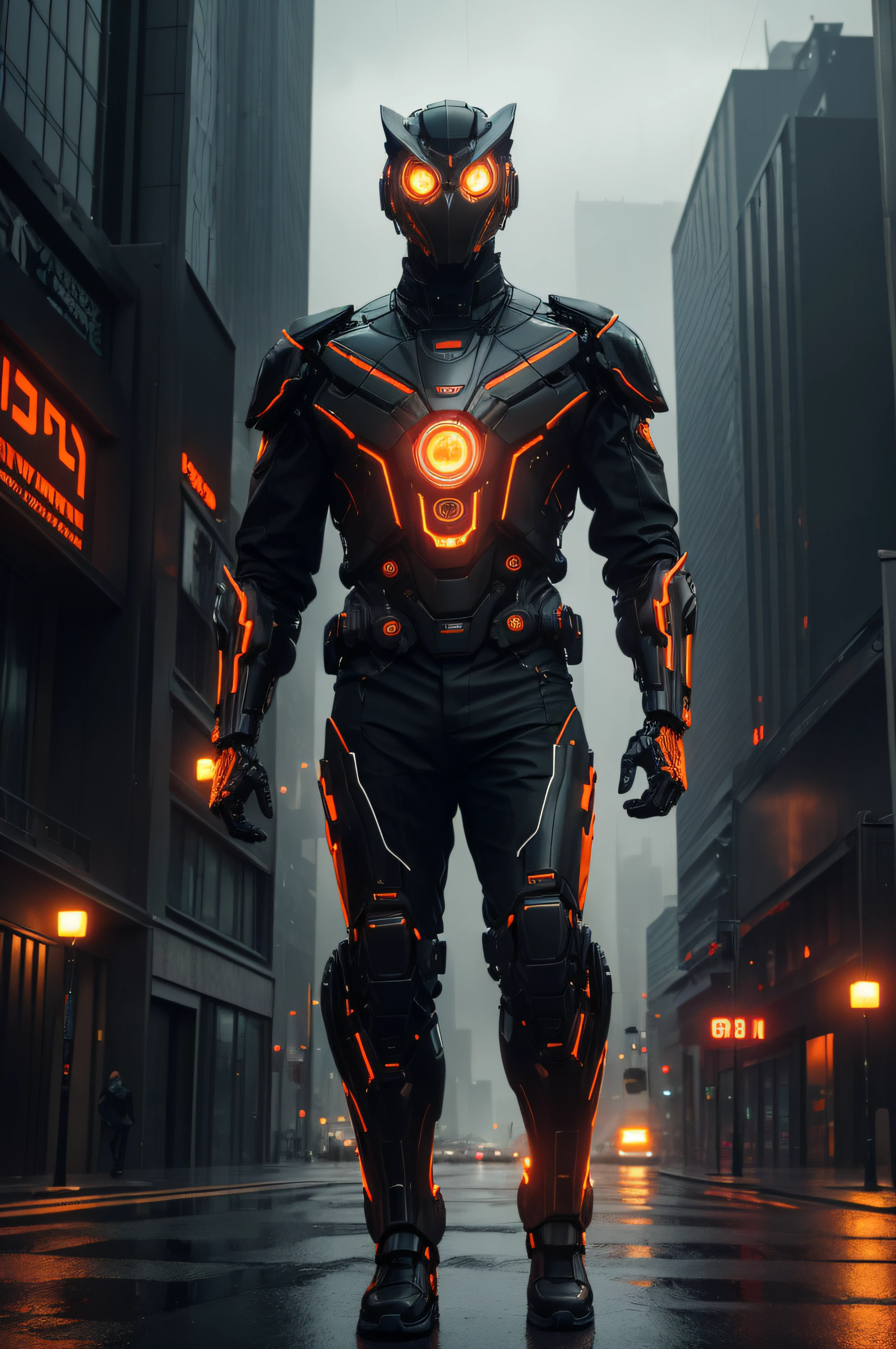 (best quality,4k,8k,Altas,master part:1.2),ultra-detalhado,(Realistic,fotorrealista,photo-realistic:1.37),hybrid man with orange-eyed owl head and robotic parts, Recursos semelhantes a corujas, vestido com um terno, Cyberpunk, Escuro, 3D rendering, detailed robotic limbs, olhos laranja brilhantes, penas integradas com metal, Futuristic, neon lights, fundo urbano chuvoso, Paisagem urbana elegante e moderna, foco nítido, sombras fortes, cores vibrantes, atmosfera assombrosa, tons contrastantes de preto e laranja, atmosfera estranha, Aura misteriosa