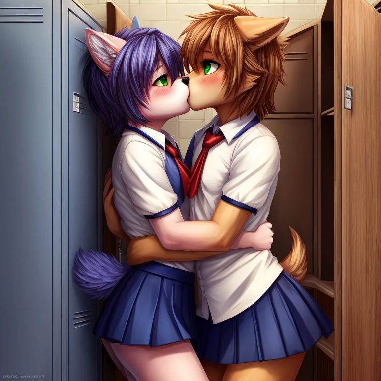 male, thin body, feminine, furry , anthro, puppy, young, femboy, fantasy school uniform,  lewd face, blushing, short skirt, kissing masculine wolf girl, hugging partner, short messy hair, green eyes, in locker room,pinned to wall super detail, masterpiece, super detail, high quality, high resolution, high detail