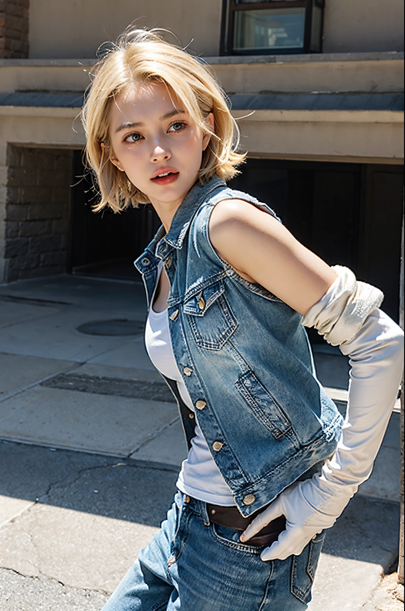 (((1 girl, cute, denim jacket, white top, jeans, Gloves, blond, short hair, bob hair, side parted hair, blue eyes))), (((blond hair))),
dynamic poses, manga style, depicting a group of characters in various action scenes, from intense battles to lighthearted moments, with dramatic speed lines and bold sound effects, capturing the excitement and energy of the story, Laser rays from the palm of hand, Attack forward with palm, yellowstone park, Grand Canyon,