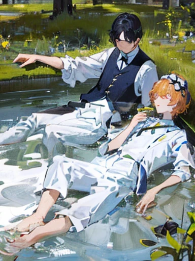 ((tmasterpiece,Best quality,,ponds)) 8K, 电影灯光,Young men,Ophelia,narcissus
