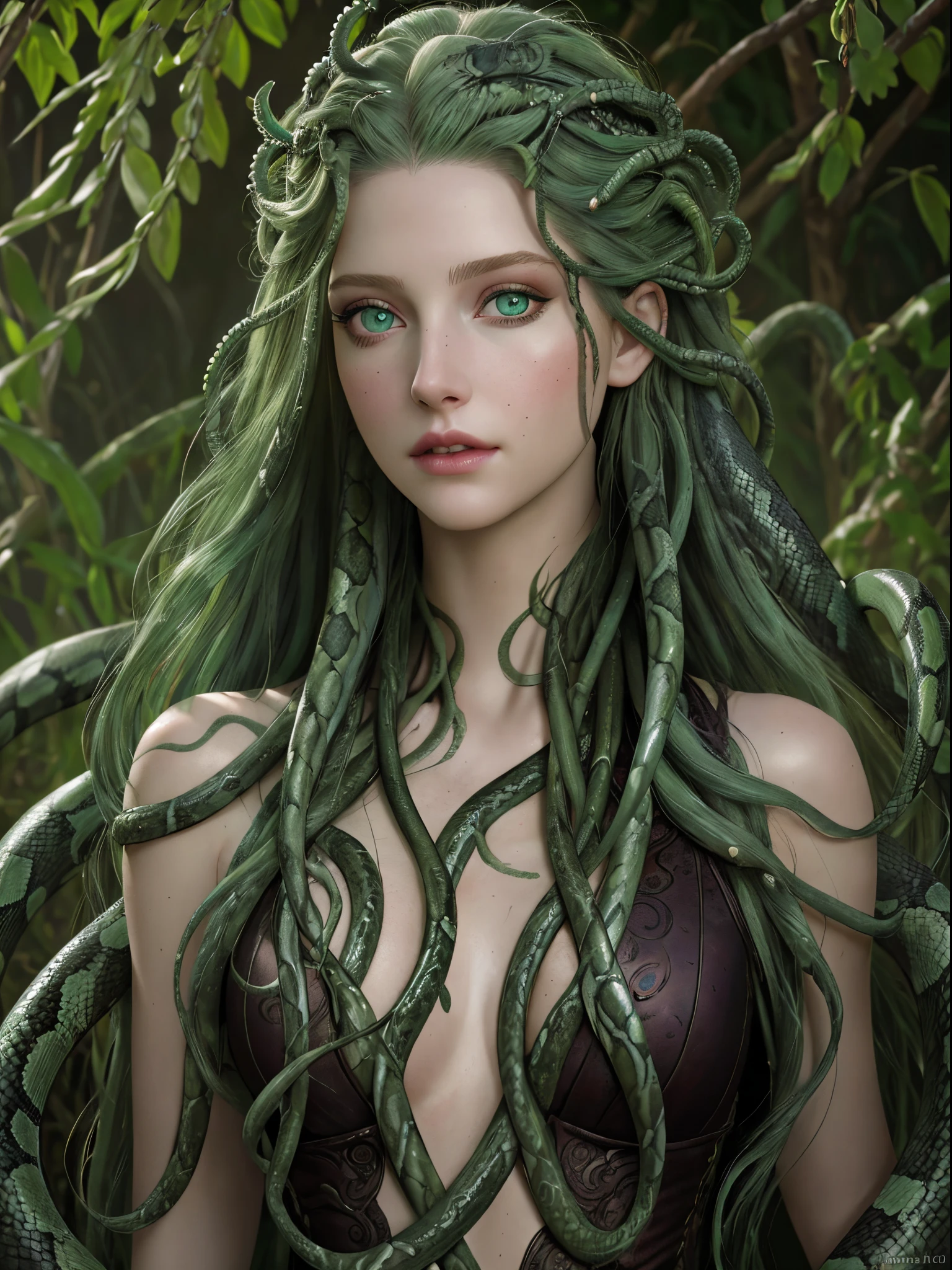 (Realistic:1.5), photorealistic, RAW photo, analog photo style, depth of field, ultra detailed photo of Medusa, (the hair is composed of countless snakes), detailed green eyes, dark makeup, gorgorouse female face, detailed photorealystic fece, goddess aura, artstation, bioluminescence, naturally shadows, warm filter, cinematic light, professional photography, canon lens f1.4, 16k