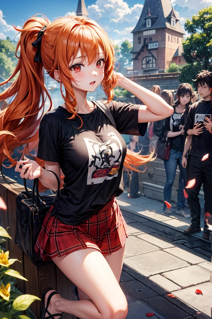 Orange hair、red eyes、one good looking girl、独奏、animesque、lightly dressed、Plaid miniskirt、flower petals、wetting hair、Black T-shirt、large tree、云、railroad crossing、poneyTail、monster castle、lantern