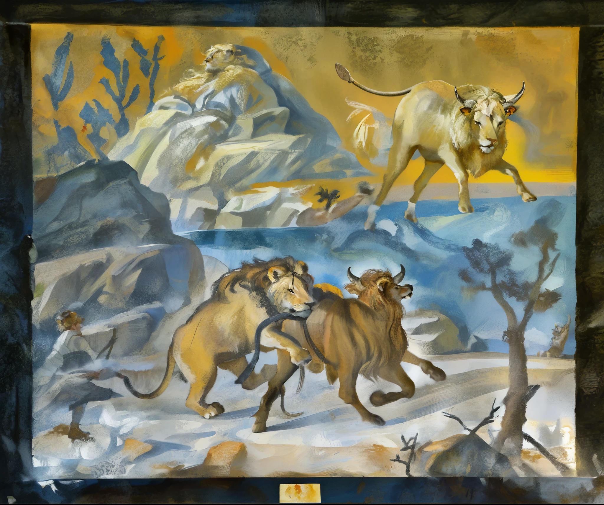 painting of a lion and a bull fighting in a desert, fresco painting, herds fighting, mythological painting, inspired by Giuseppe Bernardino Bison, fresco, ancient greek painting, painted in high resolution, by Leo Goetz, hystorical painting, spiritual scene, by Exekias, by Giuseppe Bernardino Bison, biblical painting, by Viktor de Jeney