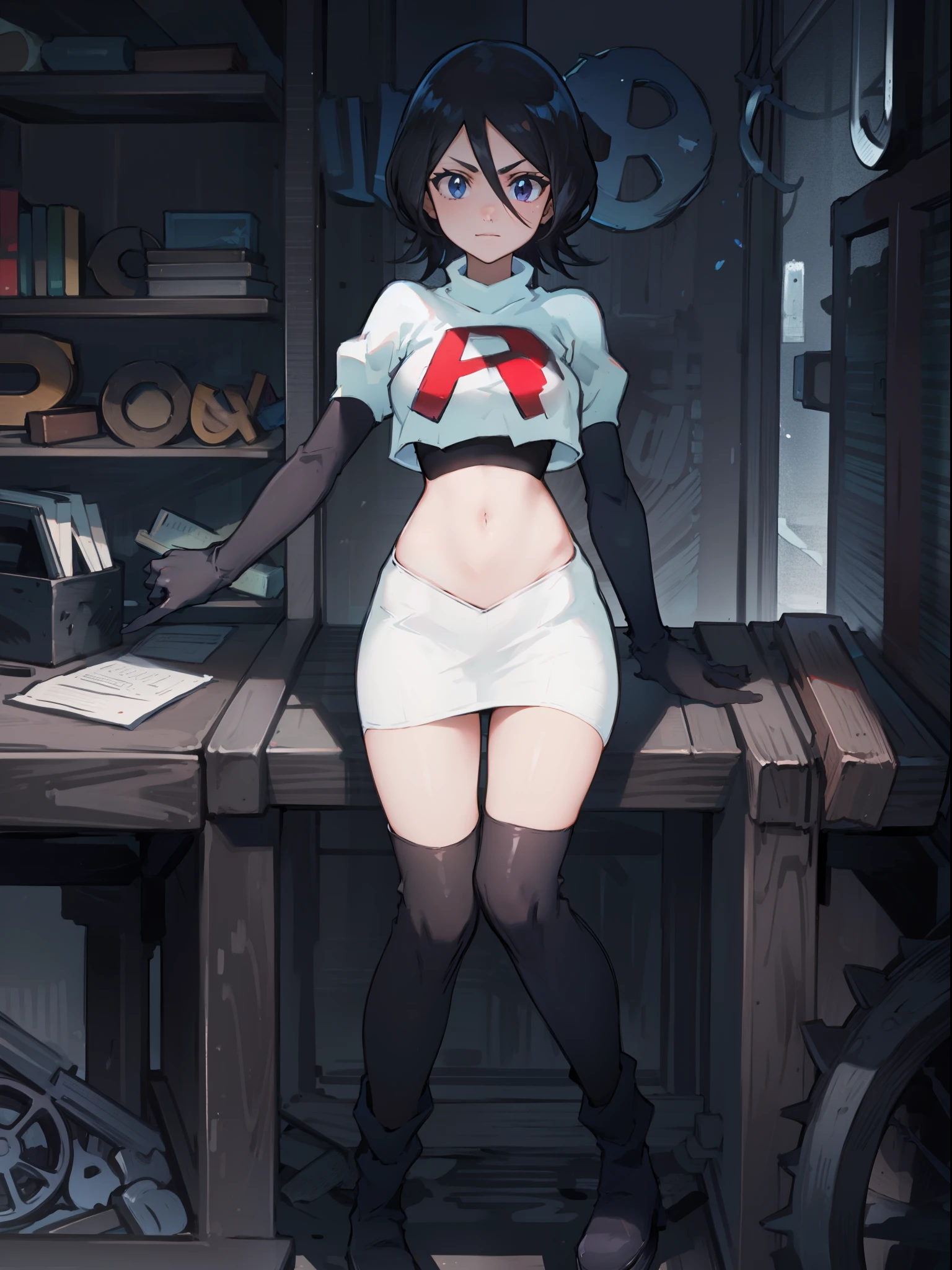 Black color hair, team rocket uniform, red letter R, white skirt,white crop top,black thigh-high boots, black elbow gloves,