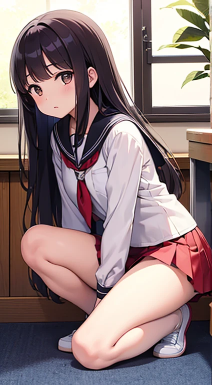 Masterpiece Top Quality High Resolution, Anna Tanaka, Long hair, Sit with your knees bent, full body, beauty legs, in a school, As if looking up from below, Ashamed, spread legs,