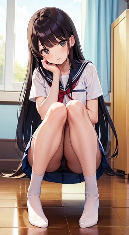 Masterpiece Top Quality High Resolution, Anna Tanaka, Long hair, Sit with your knees bent, full body, beauty legs, in a school, As if looking up from below, Ashamed, spread legs,