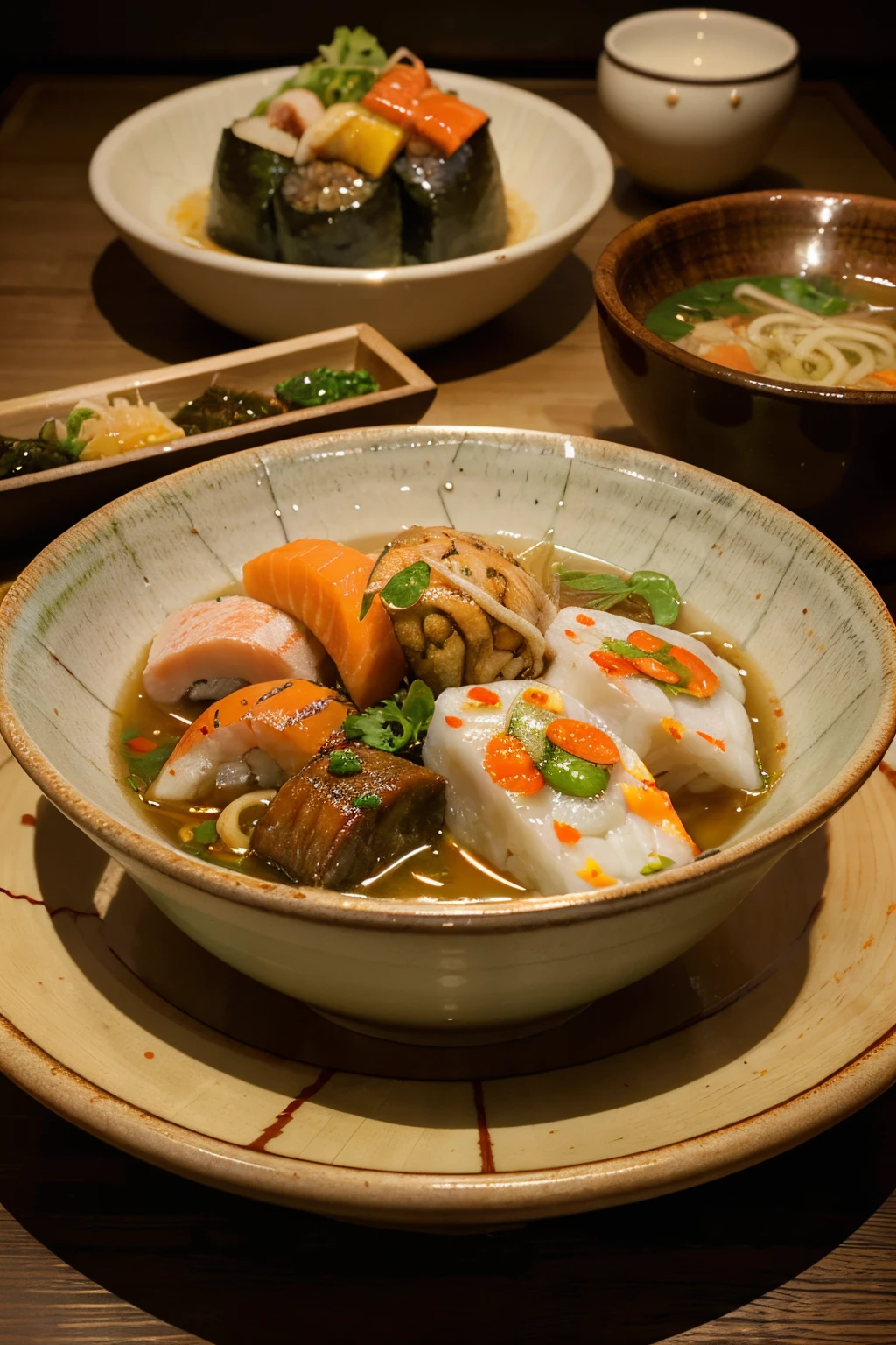 (realistic,photorealistic,photo-realistic:1.37),detailed sushi,ramen and curry,traditional Japanese cuisine,authentic ingredients,fresh seafood ingredients,meticulous preparation techniques,fine dining experience,colorful sushi rolls,exquisite presentation,fragrant ramen broth,rich curry flavor,beautifully garnished dishes,artistic food plating,high-quality ingredients,skillfully crafted noodles,steaming hot bowls of ramen,enticing aroma of curry,traditional Japanese dining setting,subtle lighting ambiance,crisp and clean tableware,Japanese culinary mastery,harmonious blend of flavors,umami-rich sushi toppings,savory miso soup,modern twist on classic dishes,delicate balance of textures,fusion of flavors,authentic Japanese food culture,culinary craftsmanship,attention to detail in every dish,culinary masterpiece