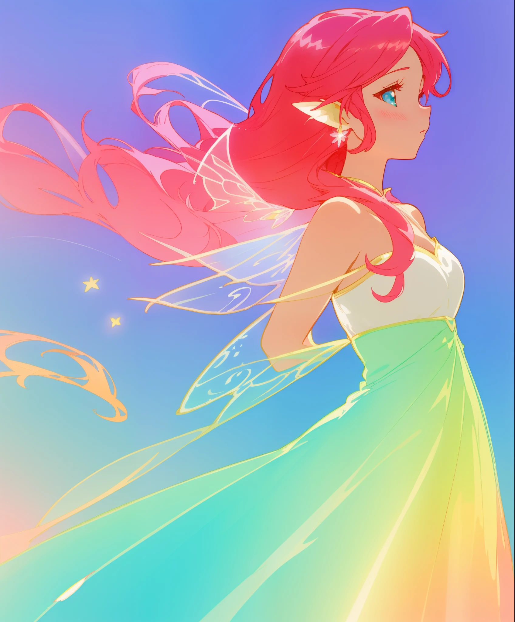 beautiful fairy girl in colorful gradient princess ballgown, fairy wings, fairy princess, long flowing red pink hair, colorful fantasia background, watercolor illustration, disney art style, beautiful digital illustration, beautiful, masterpiece, best quality, anime disney style, beautiful face