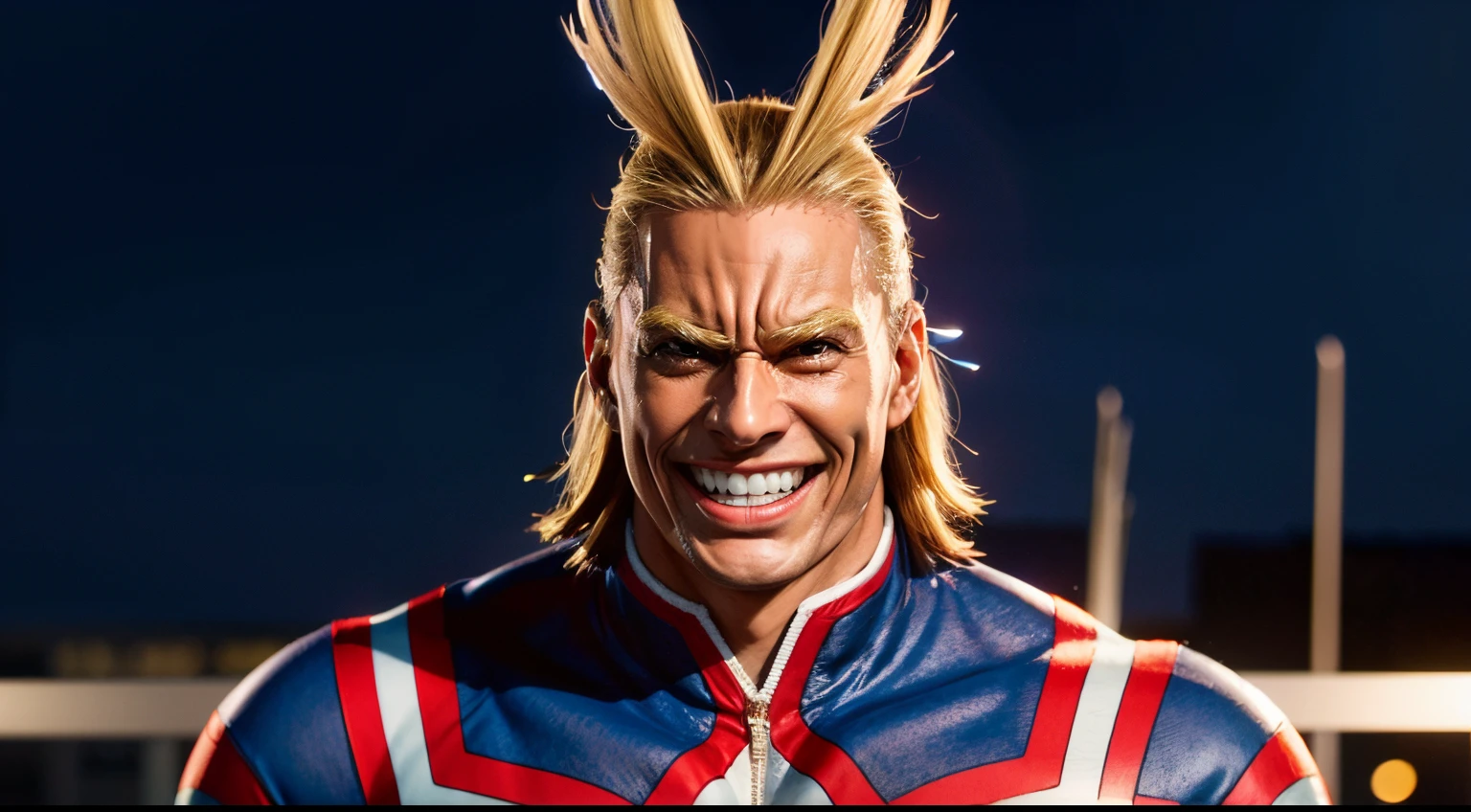 1boy, allmight, antenna hair, smile, beautiful background, bokeh, professional, sharp, natural lighting, (masterpiece:1.2), realistic, extremely detailed, intricate details, absurdres, 4k, 8k, hdr, highres,