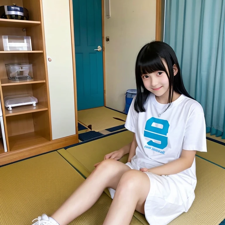 An ultra-high picture quality、Perfect Photo、Japan beautiful girl、、female high-school student、Slender body、Black hair okata、With bangs、Cute room、Own room、Physical education sitting、Stretch comfortably、Wearing only a plain white T-shirt、looking-down、Nokezoru、Adored expression、