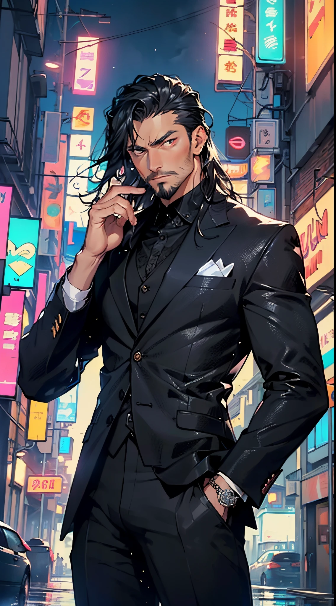 (man:1.5),1 man,mafia boss man,(((1man))),((man with black hair)),

55 years old, male character, black hair, ((slightly long hair:1.3)), ((full beard:1.3,black beard)), serious face, demon king,muscular body,heavy muscular body,((mafia boss)),((tall statue)),

(((1male,male,male gender:1.5,male focus))),macho man,villain,evil villain,

(((lustrous skin:1.5,tanned skin,bright skin: 1.5,skin tanned,shiny skin,very shiny skin,shiny body,illuminated skin))),(((red_eyes:1.2))),intricate eyes,beautiful detailed eyes,symmetrical eyes,((man chest)),((muscular)),male jaw,(((detailed face))),

manly,nsfw,

cyberpunk mafia boss, ((mafia boss suit:1.5)), futuristic mafia boss,((bulge in pants)),((black suit:1.2)),(elegant suit),((wet clothes,intricate outfit,intricate clothes,intricate suit)),

(dynamic pose:1.0),solo focus,((smug)),(centered,scale to fit dimensions,Rule of thirds),

cyberpunk city by the ocean at night, with bright neon signs and dark stormy clouds and puddles, scenery:1.25,nighttime, starry night, cosmos,Very dark night that makes the neon lights stand out, very bright neon lights,

highres, sharp focus, (ultra detailed, extremely detailed), (photorealistic artwork:1.37),(extremely detailed CG unity 8k wallpaper),((synthwave background theme)),(((vibrant colors))),(intricate background),(masterpiece),(best quality),