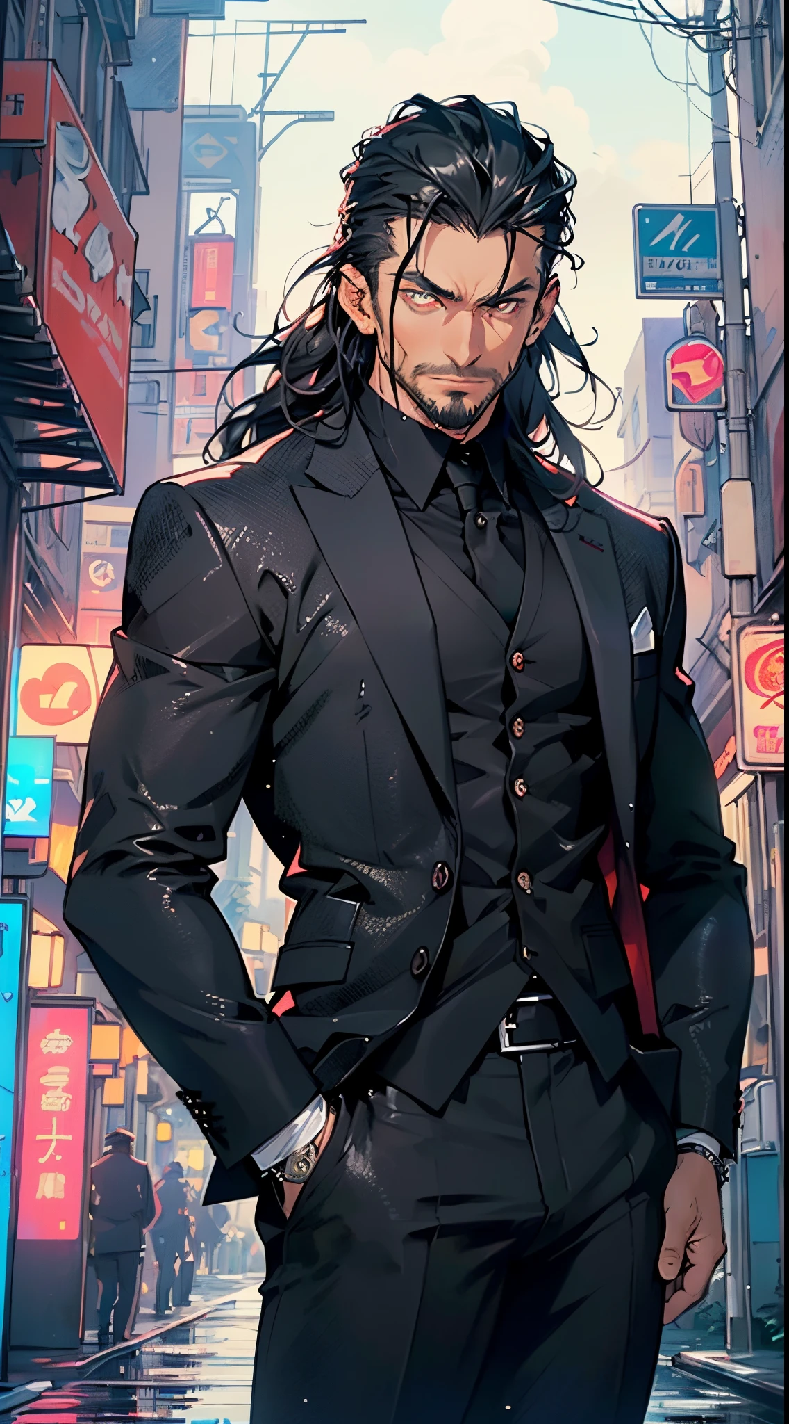 (man:1.5),1 man,mafia boss man,(((1man))),((man with black hair)),
55 years old, male character, black hair, ((slightly long hair:1.3)), ((full beard:1.3,black beard)), serious face, demon king,muscular body,heavy muscular body,((mafia boss)),((tall statue)),
(((1male,male,male gender:1.5,male focus))),macho man,villain,evil villain,
(((lustrous skin:1.5,tanned skin,bright skin: 1.5,skin tanned,shiny skin,very shiny skin,shiny body,illuminated skin))),(((red_eyes:1.2))),intricate eyes,beautiful detailed eyes,symmetrical eyes,((man chest)),((muscular)),male jaw,(((detailed face))),
manly,nsfw,
cyberpunk mafia boss, ((mafia boss suit:1.5)), futuristic mafia boss,((bulge in pants)),((black suit:1.2)),(elegant suit),((wet clothes,intricate outfit,intricate clothes,intricate suit)),
(dynamic pose:1.0),solo focus,((smug)),(centered,scale to fit dimensions,Rule of thirds),
cyberpunk city by the ocean at night, with bright neon signs and dark stormy clouds and puddles, scenery:1.25,nighttime, starry night, cosmos,Very dark night that makes the neon lights stand out, very bright neon lights,
highres, sharp focus, (ultra detailed, extremely detailed), (photorealistic artwork:1.37),(extremely detailed CG unity 8k wallpaper),((synthwave background theme)),(((vibrant colors))),(intricate background),(masterpiece),(best quality),