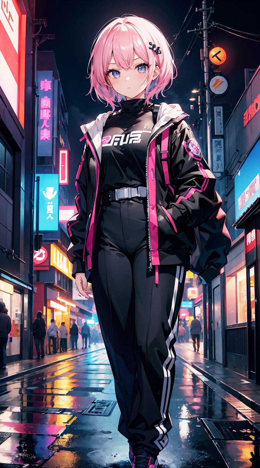 obra prima, 4K Ultra HD, Super afiado, 1girl no estilo Kiriko de Overwatch, but with the following characteristics: athletic girl with short pink hair, Wearing a stylized black and white jumpsuit, in a Japanese city at night with several neon lights and reflections in the puddles of water on the streets, Inspirado no estilo de arte GUWEIZ