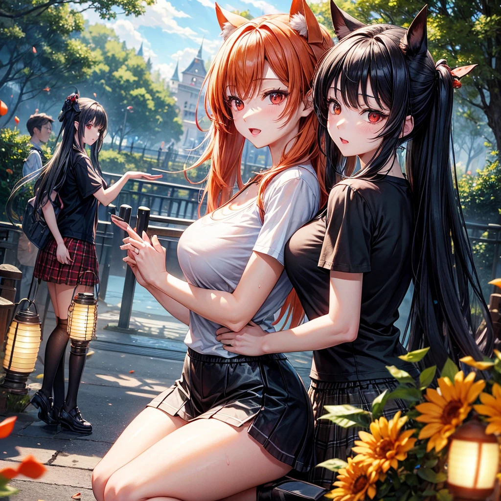 orange black hair、red eyes、one good looking girl、独奏、animesque、lightly dressed、Plaid miniskirt、flower petals、wetting hair、Black T-shirt、komono、large tree、云、railroad crossing、poneyTail、monster castle、lantern