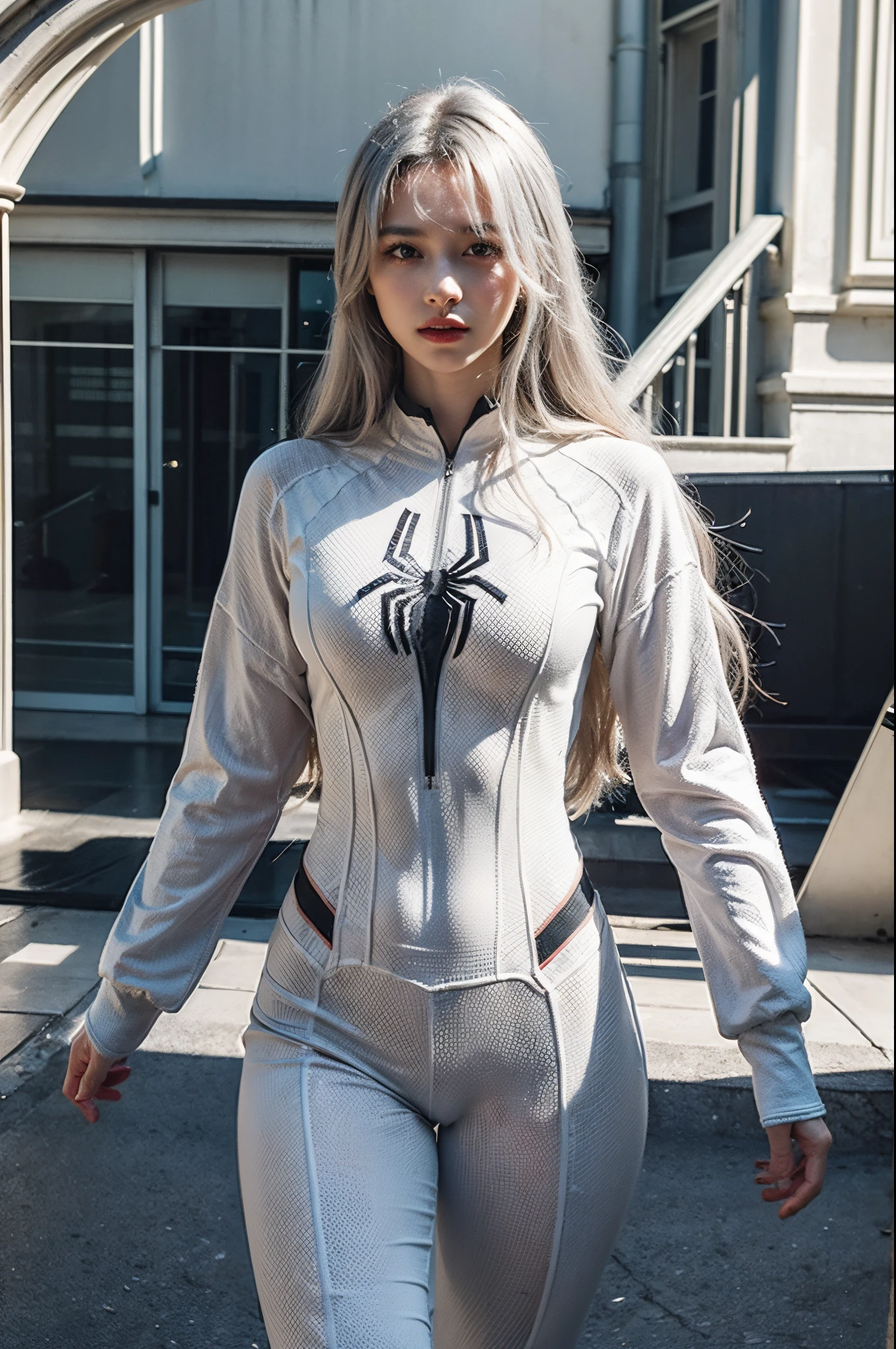 (Extremely detailed CG unity 8k wallpaper,tmasterpiece,Highest image quality),(Delicate light and shadow,The graphics are dramatic,Cinematic lens effects),A girl in a white Spider-Man costume,Silver-gray hair color,From the Spider-Man parallel universe,Wenger,miracle,Spidey,are standing,dynamicposes),(superior detail,The lighting effect is outstanding,Vista wide angle),(Excellent rendering,Enough to stand out from the crowd),The focus is on the white Spider-Man costume,Complex spider textures