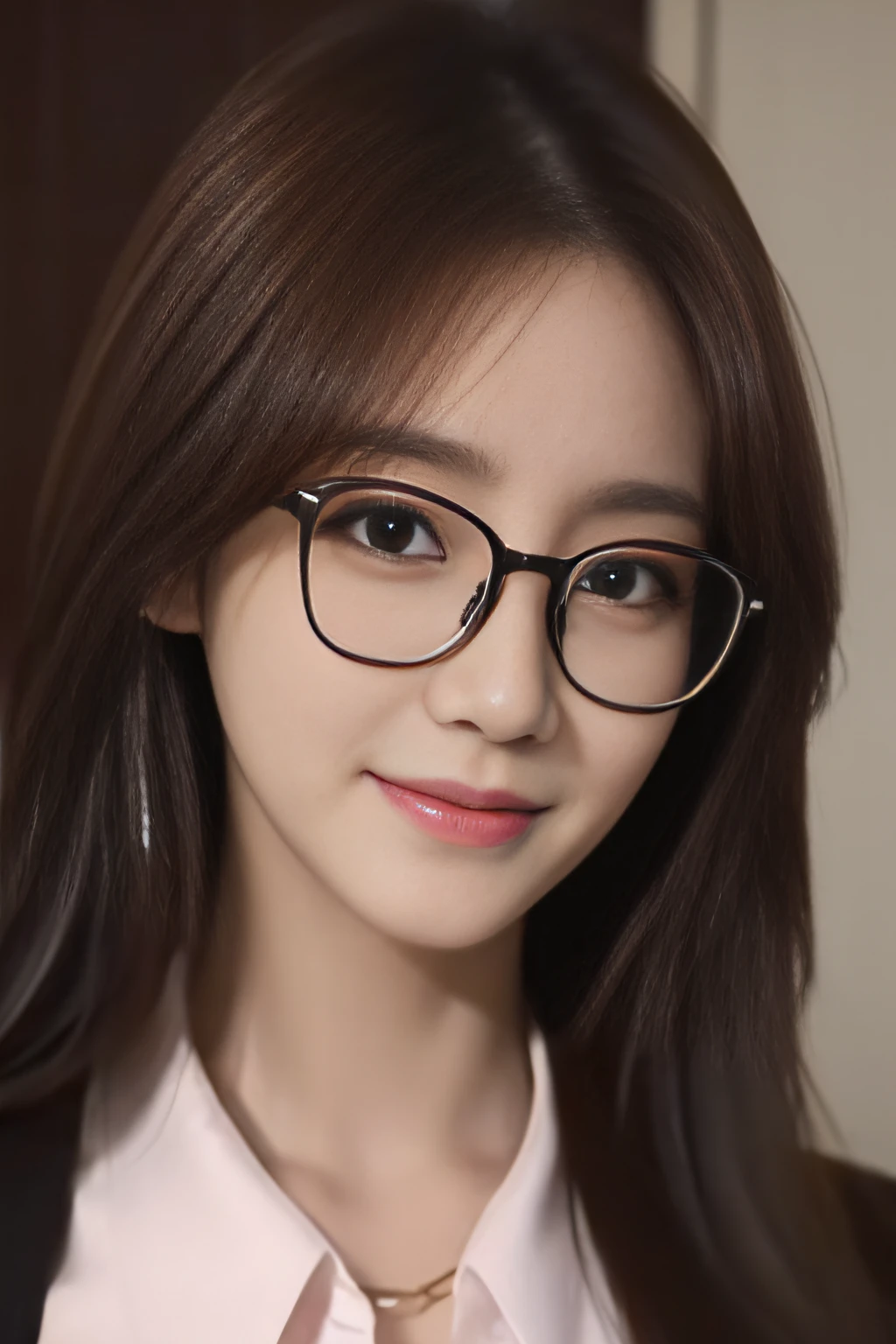 masutepiece, Best Quality, Photorealistic, Ultra-detailed, finely detail, High resolution, 8K Wallpaper, 1 beautiful woman,, light brown messy hair, in a business suit, foco nítido, Perfect dynamic composition, Beautiful detailed eyes, detailed hairs, Detailed realistic skin texture, Smiling, Close-up portrait, Model body type、Glasses with thin rimmes、