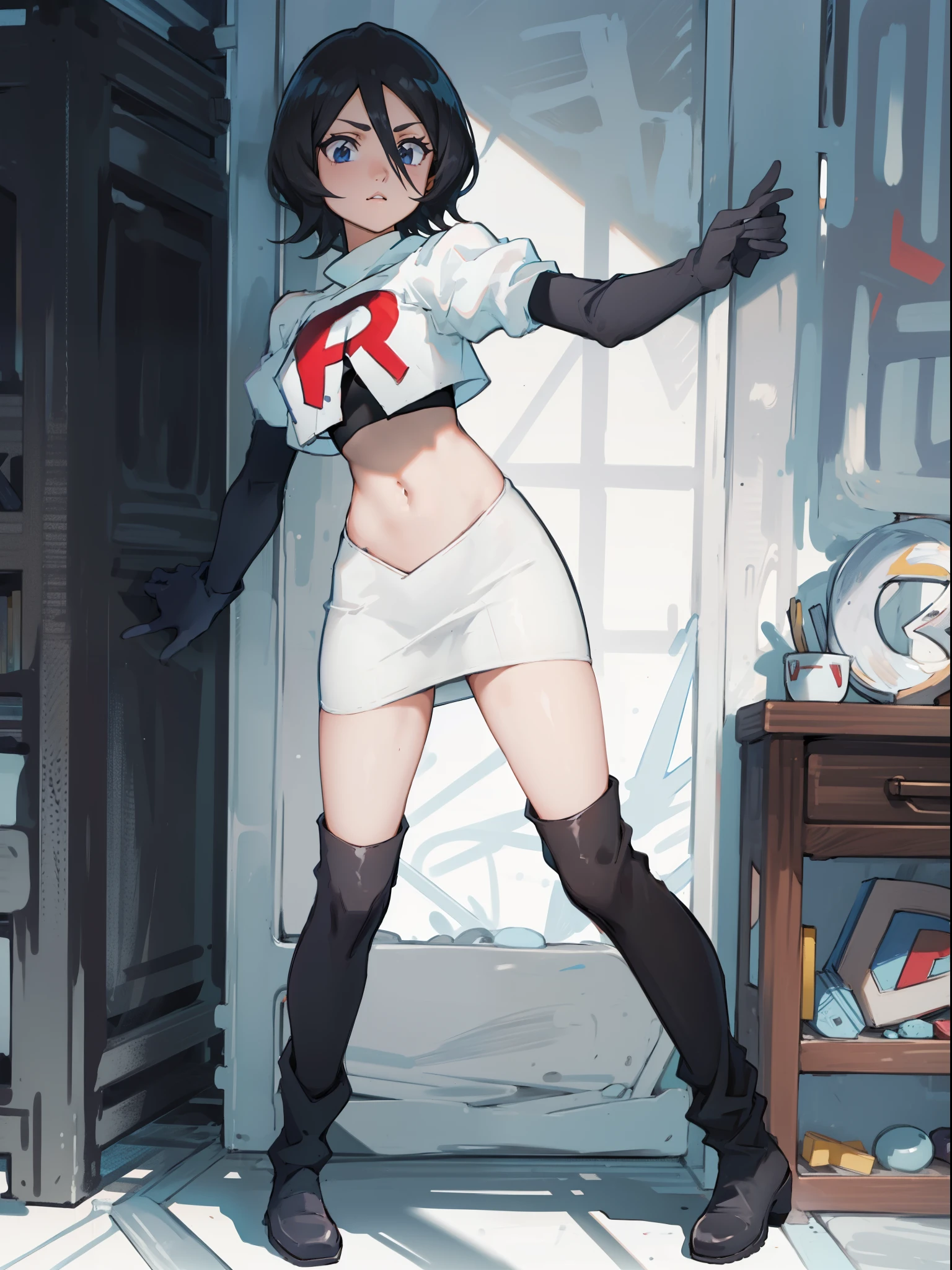 Black color hair, team rocket uniform, red letter R, white skirt,white crop top,black thigh-high boots, black elbow gloves,