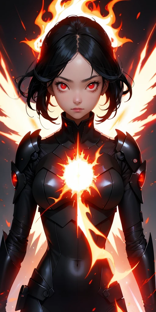 1girl, black hair, red eyes, fire witch, blood, light particles, light rays, wallpaper, high contrast, colorful,