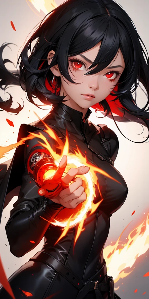 1girl, black hair, red eyes, fire witch, blood, light particles, light rays, wallpaper, high contrast, colorful,