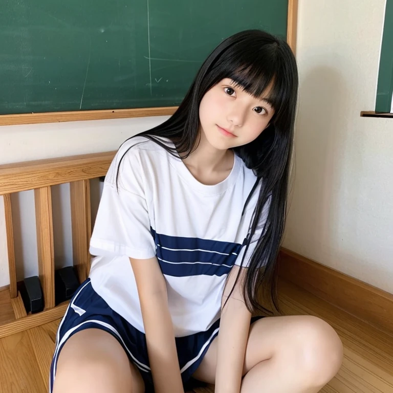 An ultra-high picture quality、Perfect Photo、Japan beautiful girl、、female high-school student、Slender body、Black hair long hair、With bangs、Cute room、Own room、Physical education sitting、Stretch comfortably、Wearing only a plain white T-shirt、looking-down、Nokezoru、Adored expression、