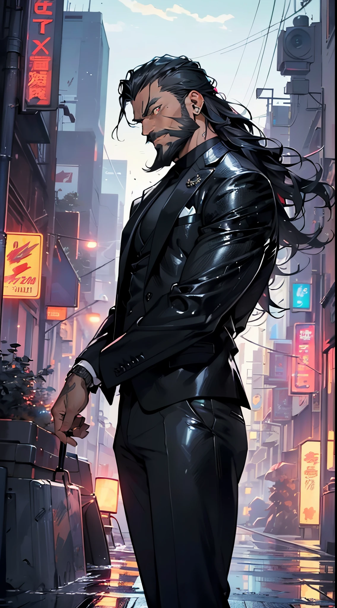 (man:1.5),1 man,mafia boss man,(((1man))),((man with black hair)),
55 years old, male character, black hair, ((slightly long hair:1.3)), ((full beard:1.3,black beard)), serious face, demon king,muscular body,heavy muscular body,((mafia boss)),((tall statue)),
(((1male,male,male gender:1.5,male focus))),macho man,villain,evil villain,
(((lustrous skin:1.5,tanned skin,bright skin: 1.5,skin tanned,shiny skin,very shiny skin,shiny body,illuminated skin))),(((red_eyes:1.2))),intricate eyes,beautiful detailed eyes,symmetrical eyes,((man chest)),((muscular)),male jaw,(((detailed face))),
manly,nsfw,
cyberpunk mafia boss, ((mafia boss suit:1.5)), futuristic mafia boss,((bulge in pants)),((black suit:1.2)),(elegant suit),((wet clothes,intricate outfit,intricate clothes,intricate suit)),
(dynamic pose:1.0),solo focus,((smug)),(centered,scale to fit dimensions,Rule of thirds),
cyberpunk city by the ocean at night, with bright neon signs and dark stormy clouds and puddles, scenery:1.25,nighttime, starry night, cosmos,Very dark night that makes the neon lights stand out, very bright neon lights,
highres, sharp focus, (ultra detailed, extremely detailed), (photorealistic artwork:1.37),(extremely detailed CG unity 8k wallpaper),((synthwave background theme)),(((vibrant colors))),(intricate background),(masterpiece),(best quality),