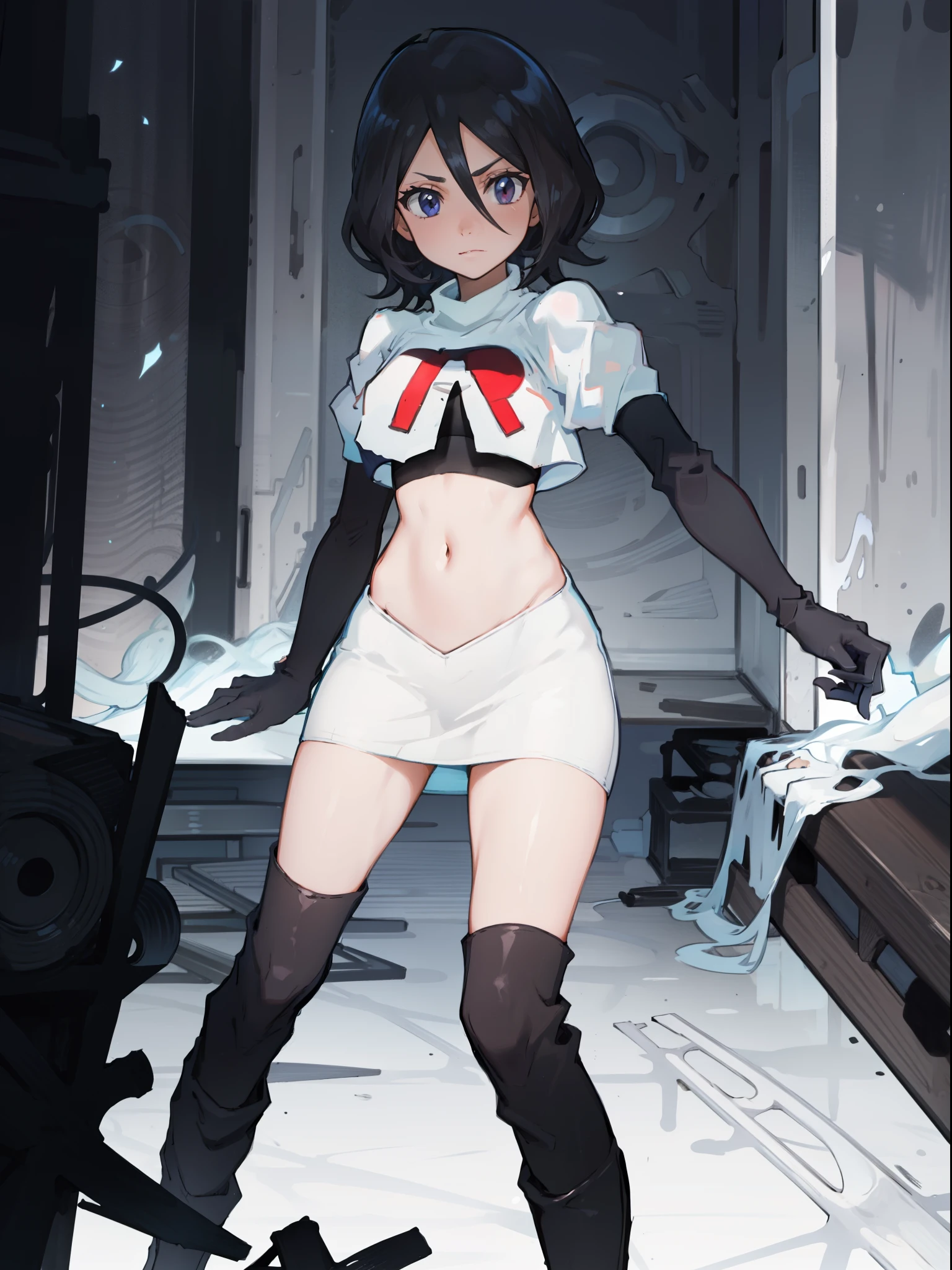 Black color hair, team rocket uniform, red letter R, white skirt,white crop top,black thigh-high boots, black elbow gloves,