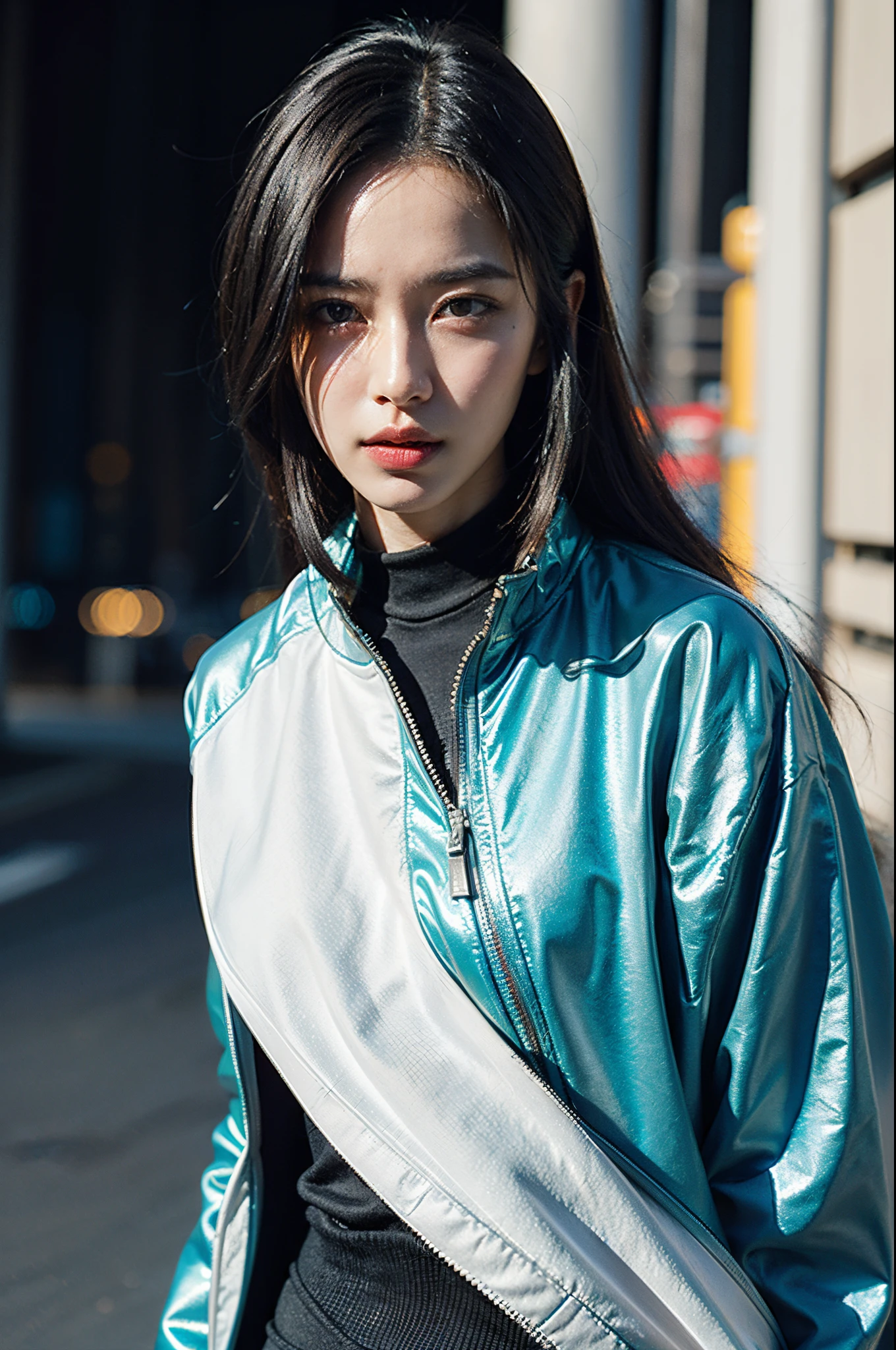 cyberpunk portrait photography, beautiful young woman looking off camera in glowing futuristic jacket, super realistic face, eyes visible through hair, proper eye position, natural skin, soft light, rim light, hips, in road side, detailed background, intricate , highly detail, octane render, HD, 8k, by Annie Leibovitz,120mm