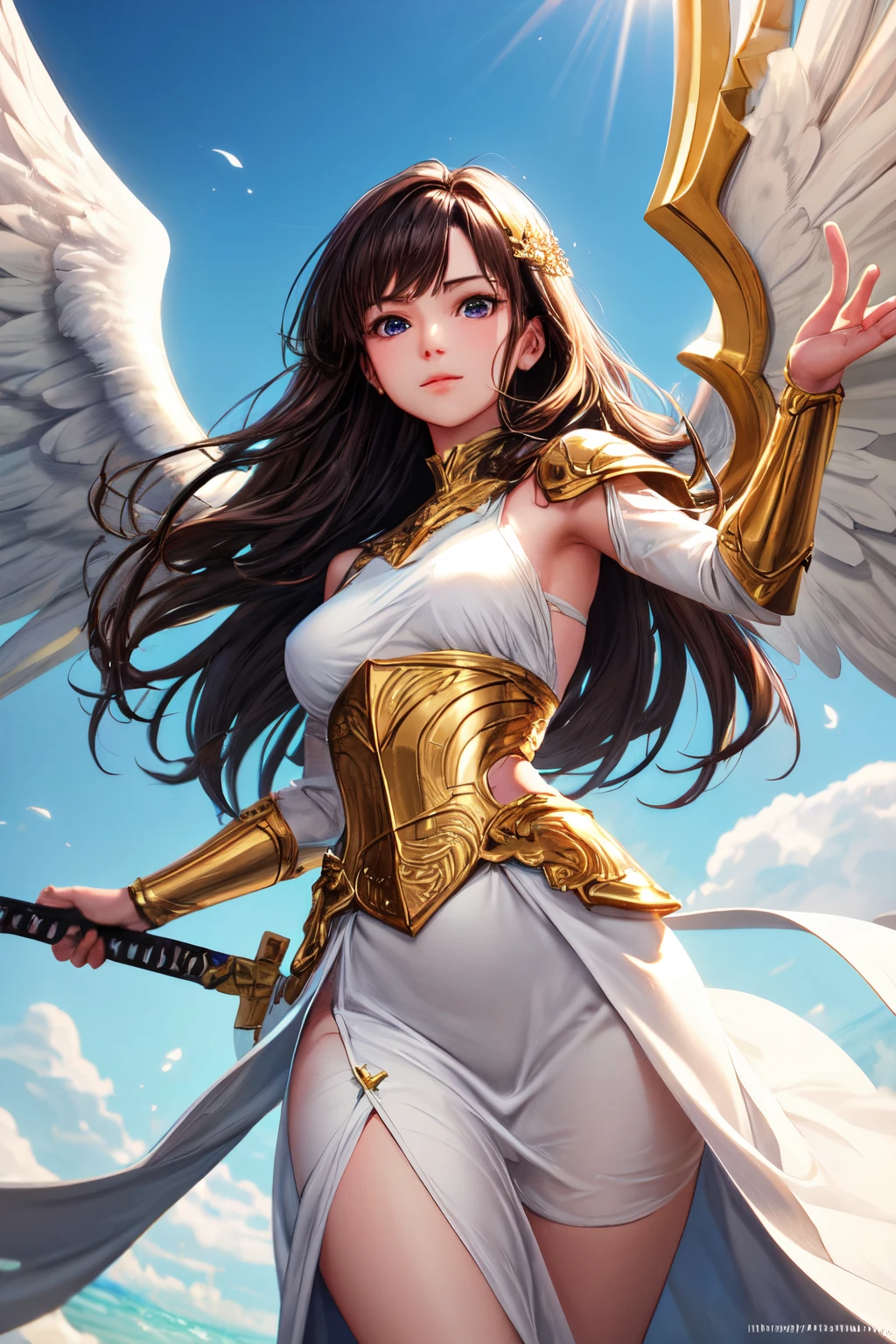 ((best quality)), ((masterpiece)), (detailed), perfect face, angel, white wings, long brown hair, white dress with golden, golden sword in right hand