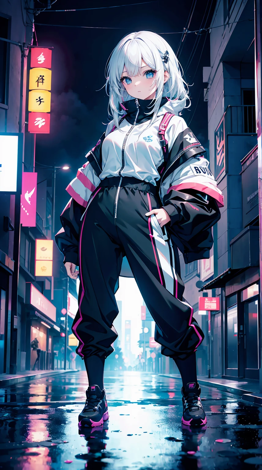 obra prima, 4K Ultra HD, Super afiado, 1girl no estilo Gura Gawr de Hololive, but with the following characteristics: Athletic girl, Wearing a stylized black and white jumpsuit, in a Japanese city at night with several neon lights and reflections in the puddles of water on the streets, Inspirado no estilo de arte GUWEIZ