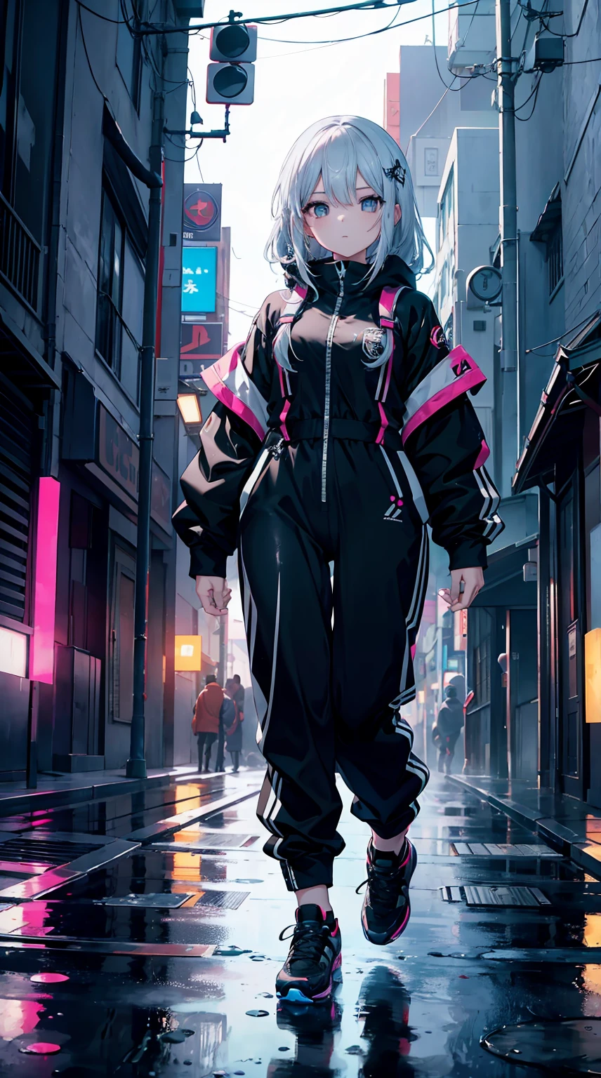 obra prima,  4K Ultra HD, Super afiado, 1girl no estilo Gura Gawr de Hololive, but with the following characteristics: Athletic girl, Wearing a stylized black and white jumpsuit, in a Japanese city at night with several neon lights and reflections in the puddles of water on the streets, Inspirado no estilo de arte GUWEIZ